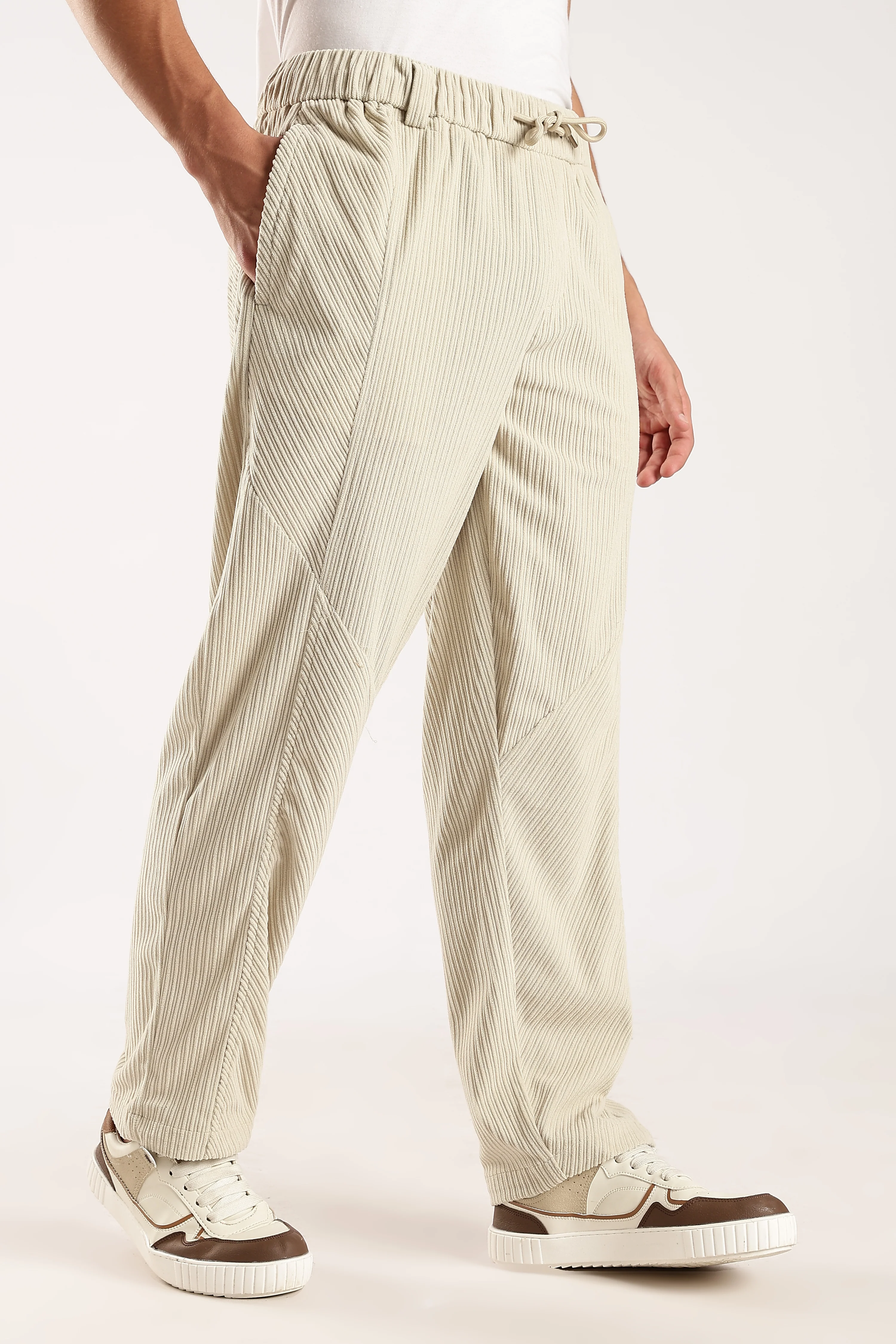 Men Cream Textured Drawcord Trousers - Image 8