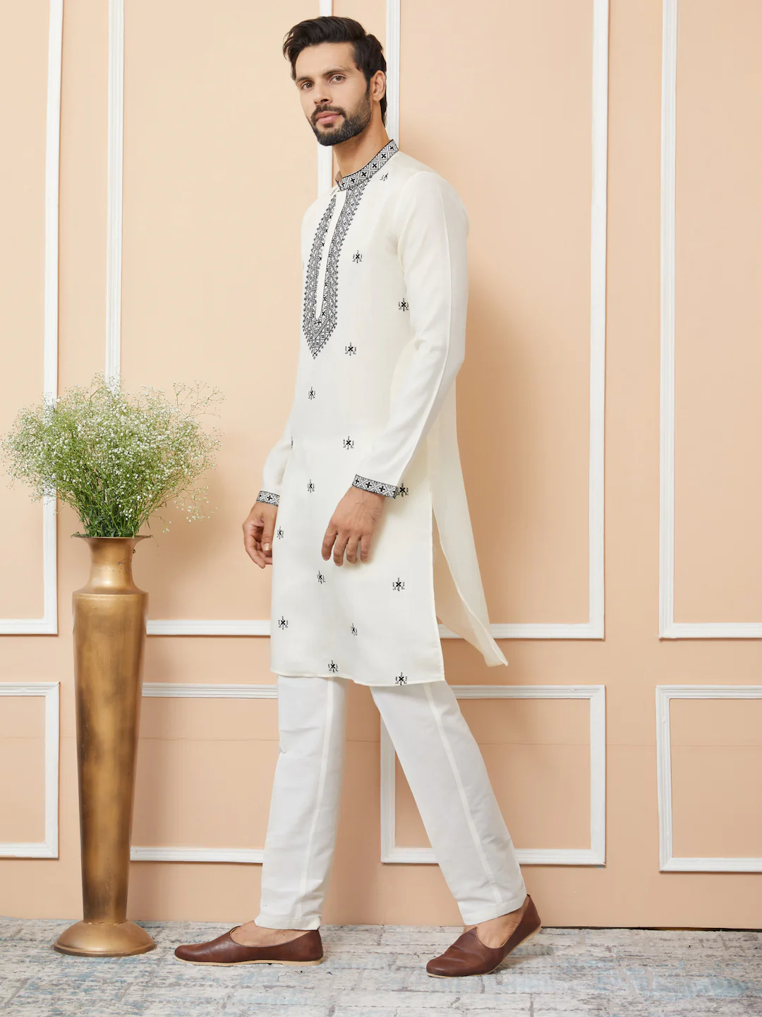 Men Cream Embroidered Chanderi Silk Straight Kurta - Image 2