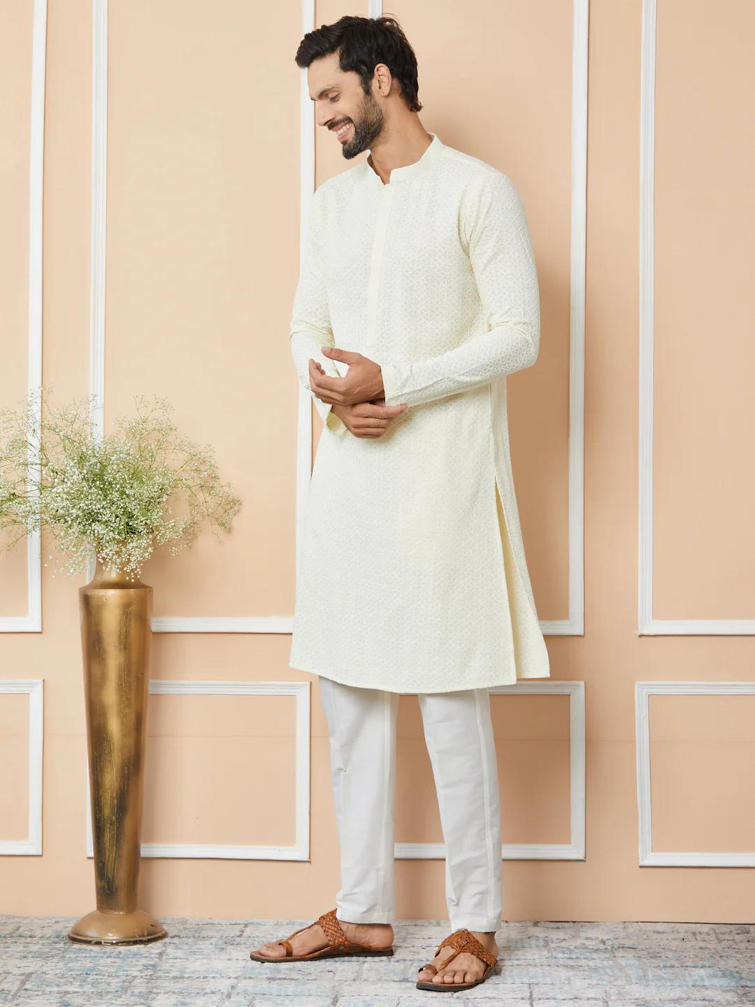 Men Cream Embroidered Chikankari Rayon Straight Kurta - Image 2