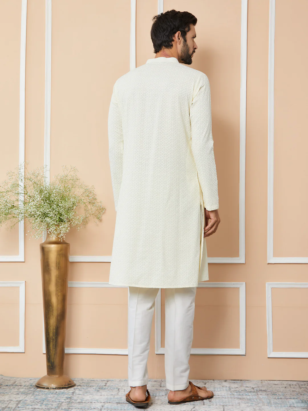 Men Cream Embroidered Chikankari Rayon Straight Kurta - Image 3