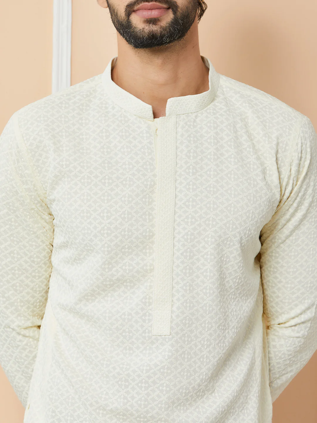 Men Cream Embroidered Chikankari Rayon Straight Kurta - Image 4