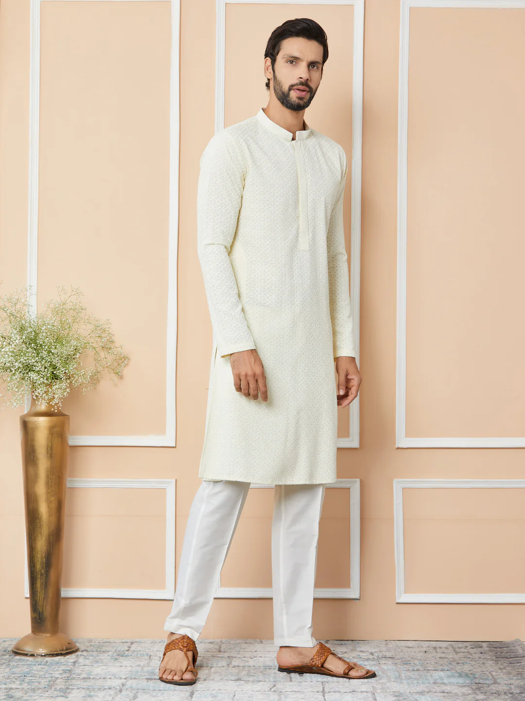 Men Cream Embroidered Chikankari Rayon Straight Kurta - Image 5