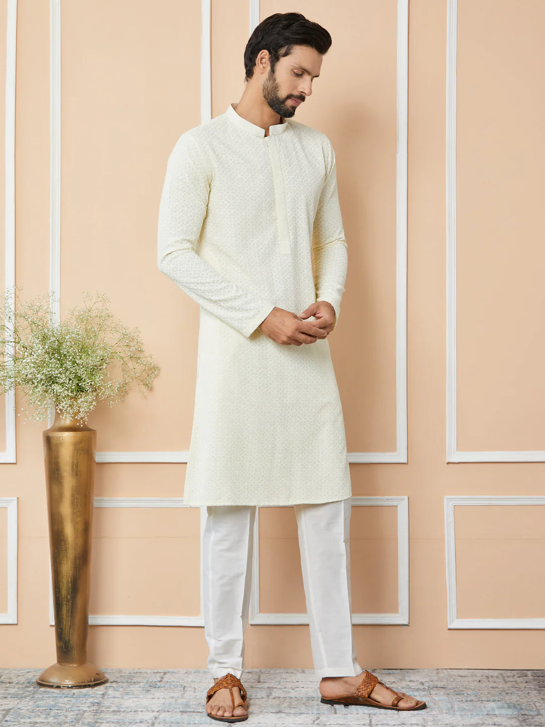 Men Cream Embroidered Chikankari Rayon Straight Kurta - Image 6