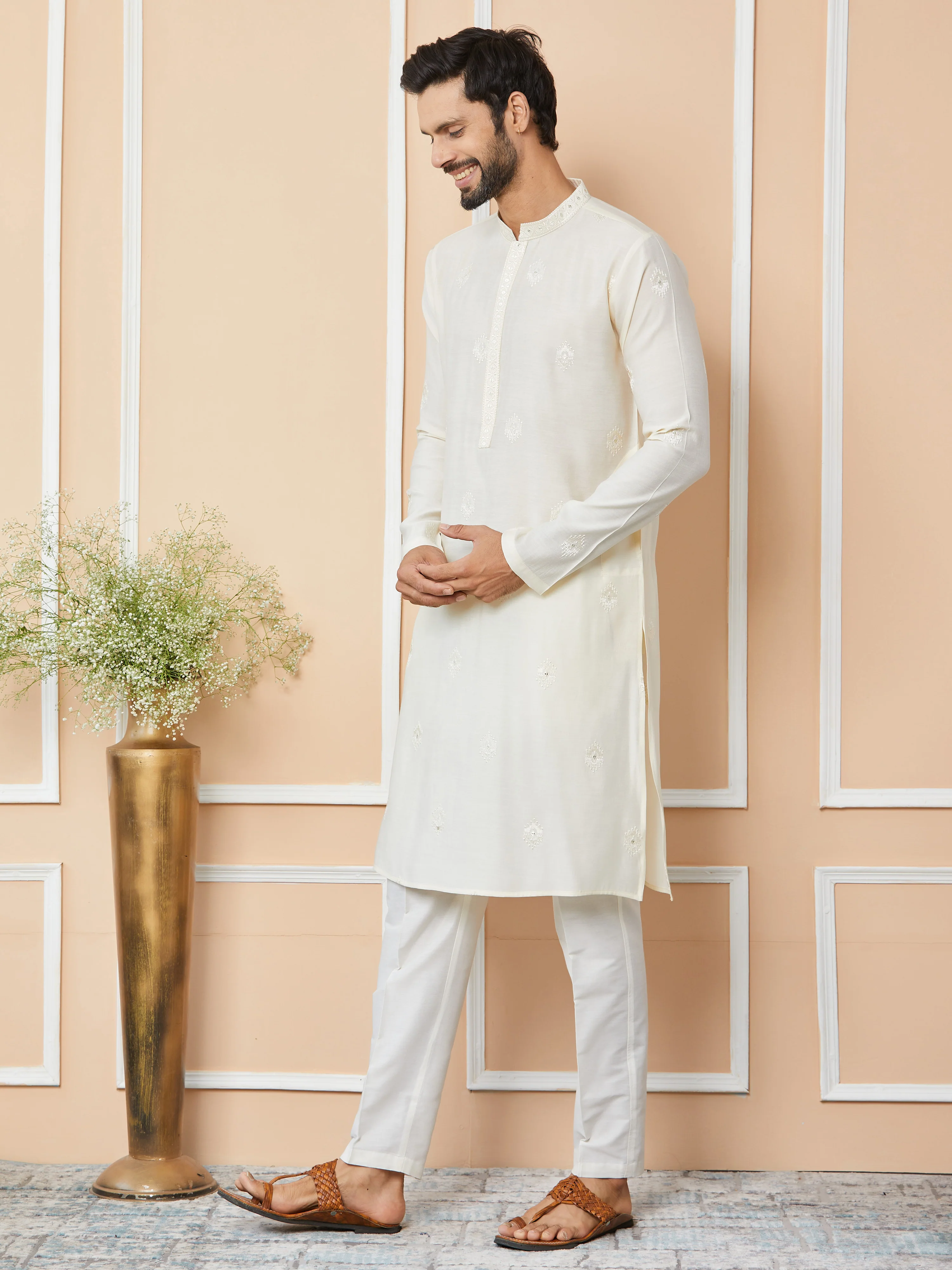 Men Cream Embroidered Pure Chanderi Silk Straight Kurta - Image 2