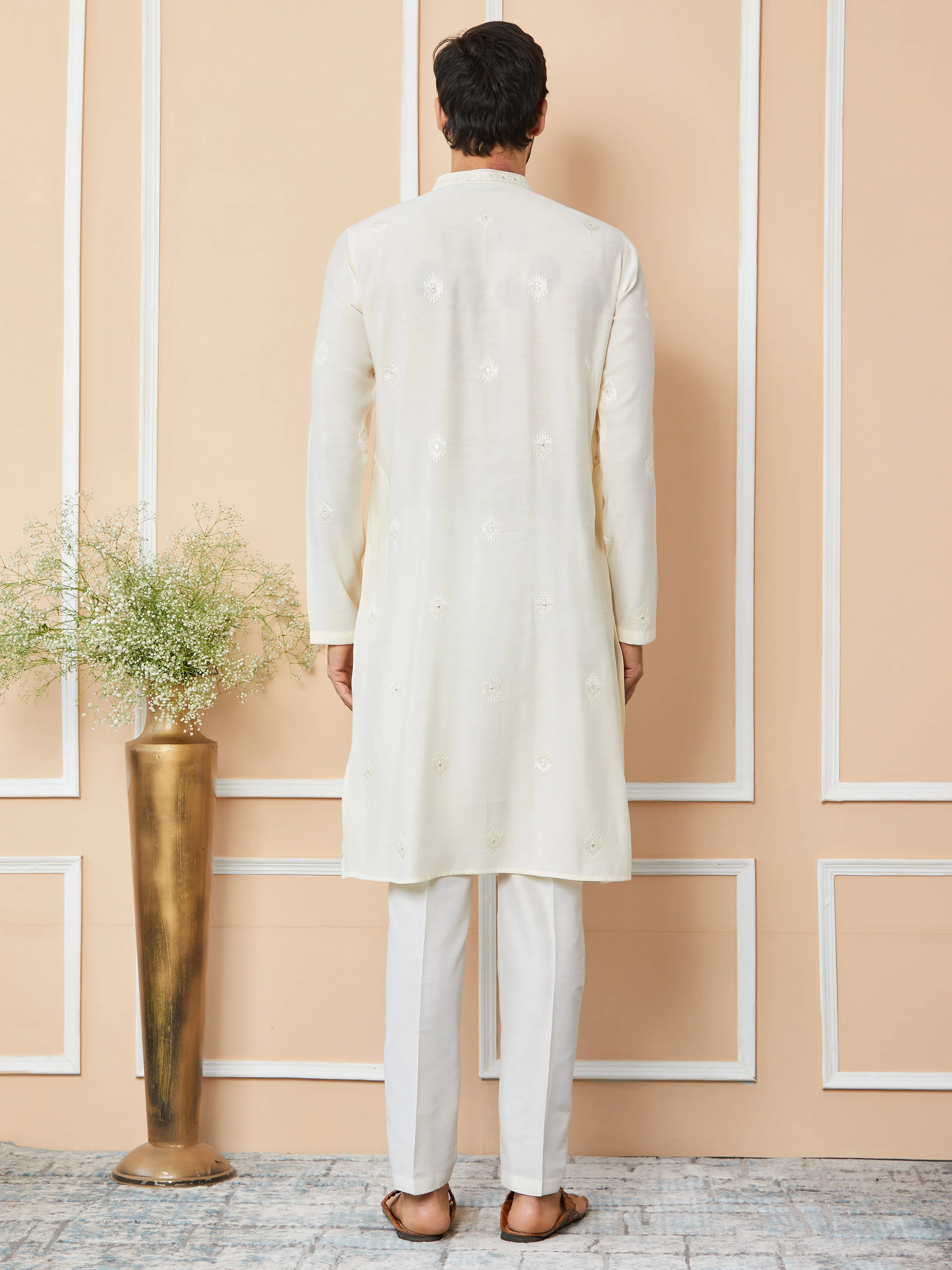 Men Cream Embroidered Pure Chanderi Silk Straight Kurta - Image 3