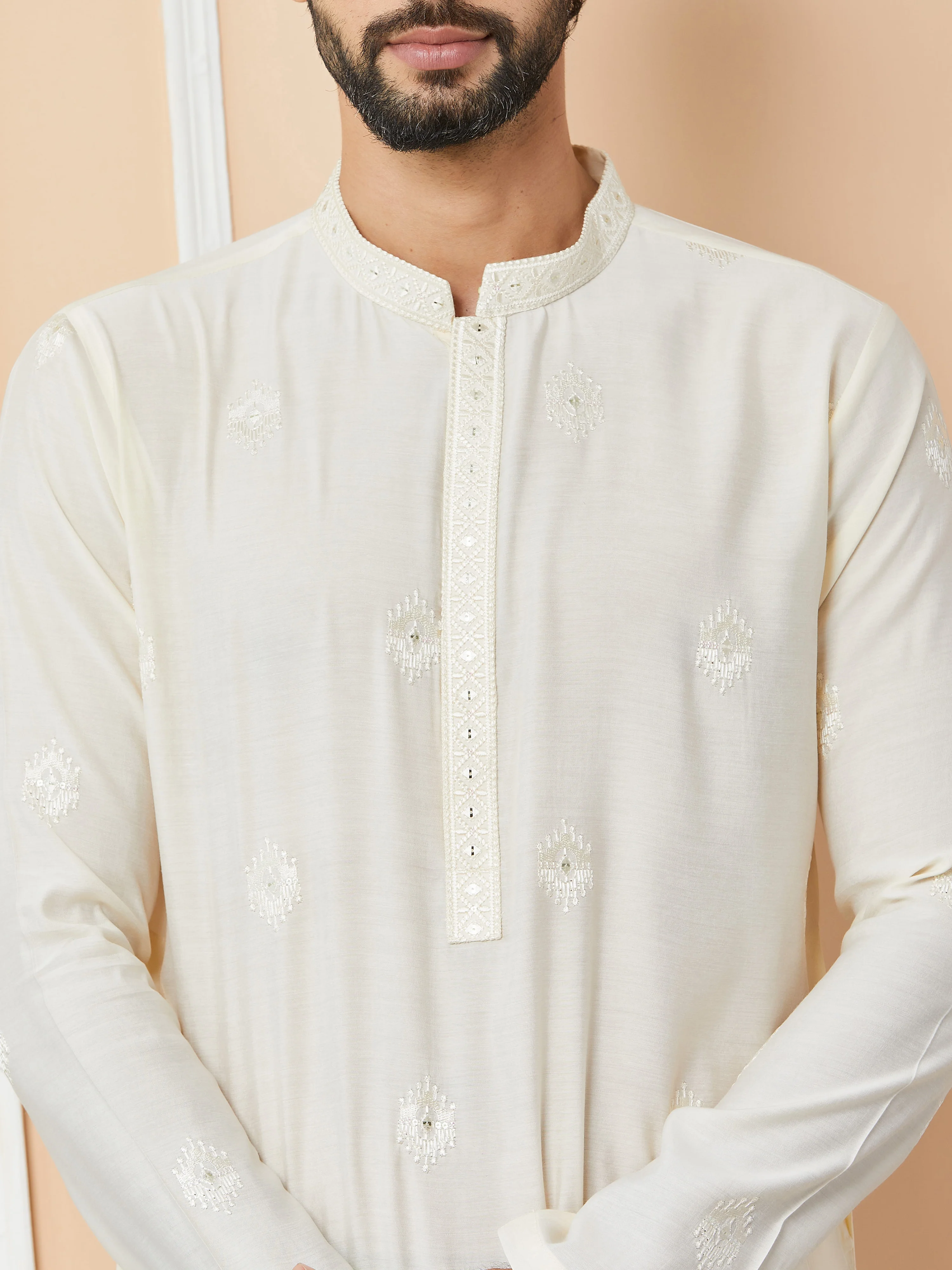 Men Cream Embroidered Pure Chanderi Silk Straight Kurta - Image 4