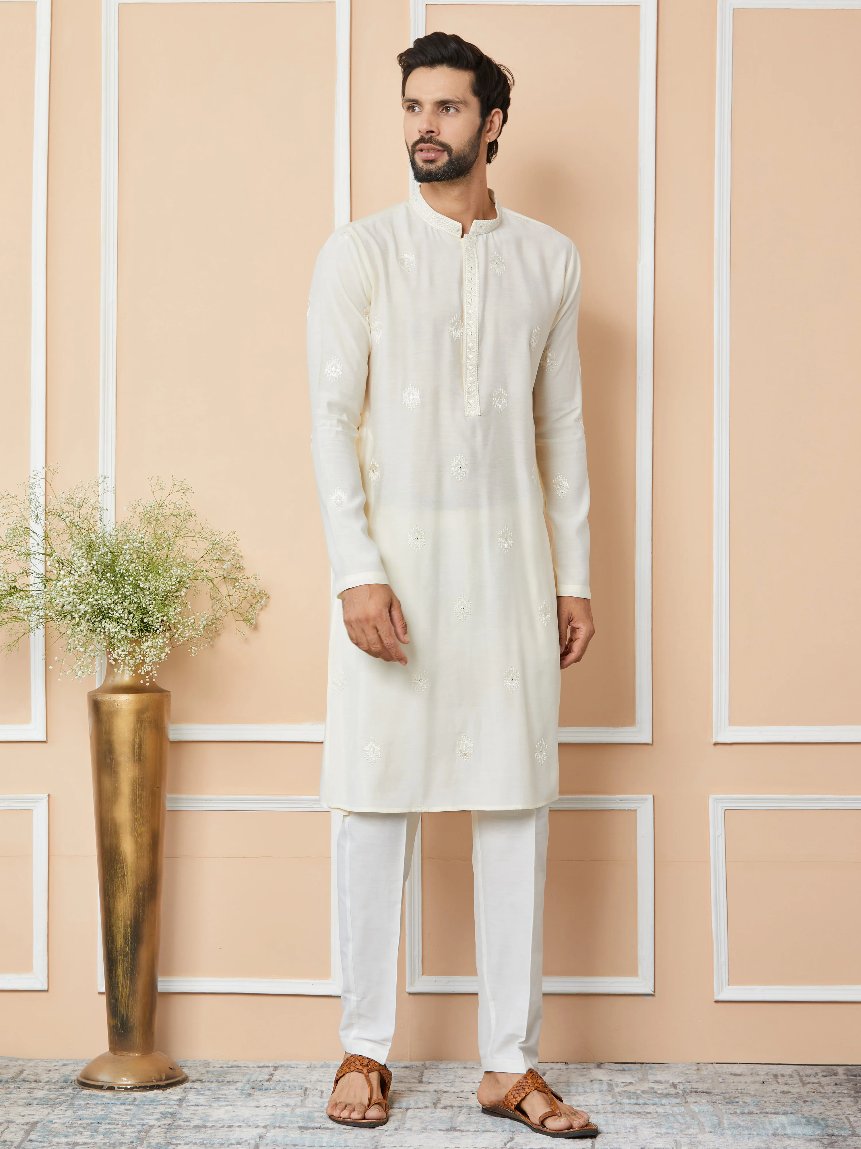 Men Cream Embroidered Pure Chanderi Silk Straight Kurta - Image 5