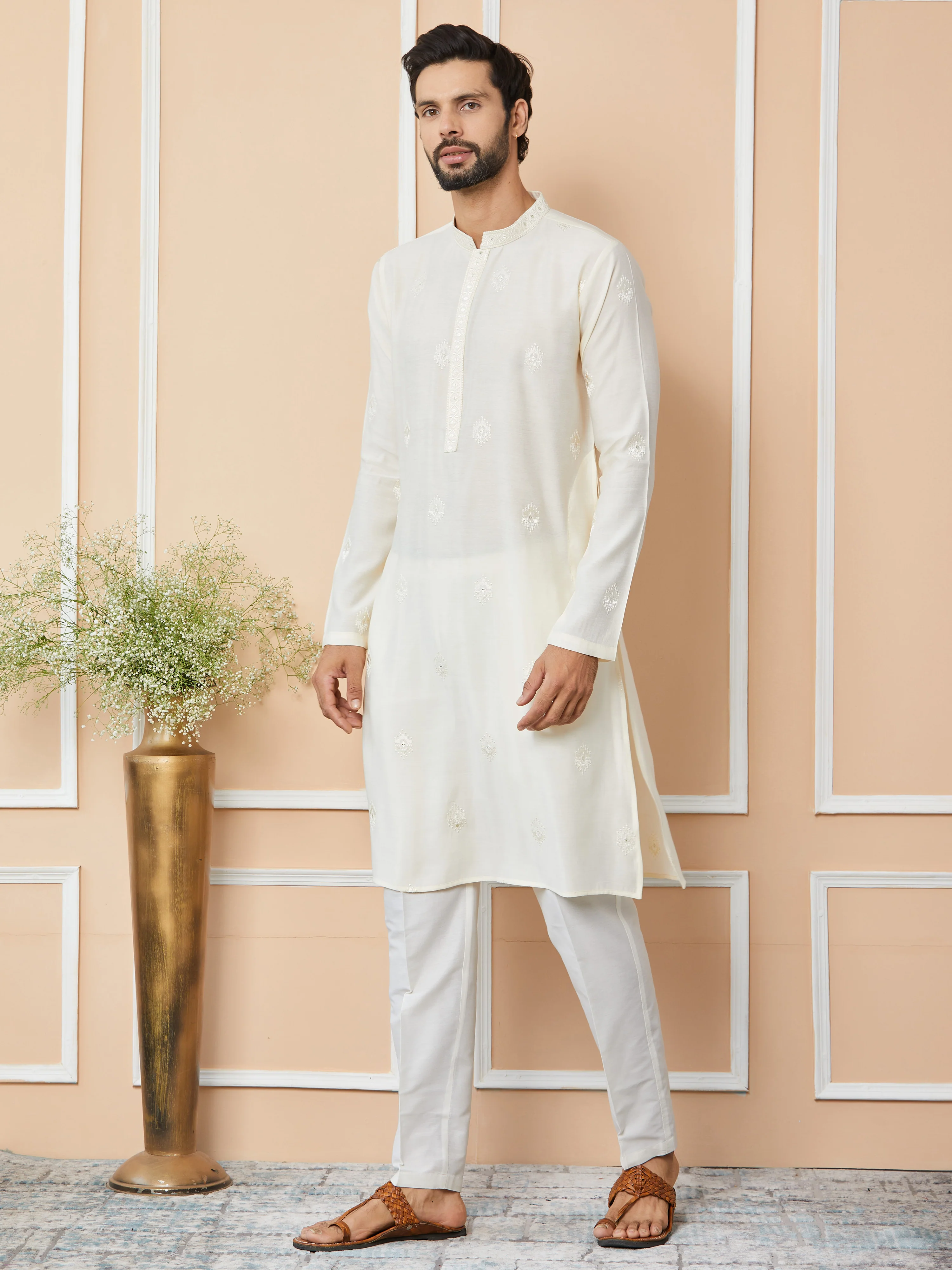 Men Cream Embroidered Pure Chanderi Silk Straight Kurta - Image 6