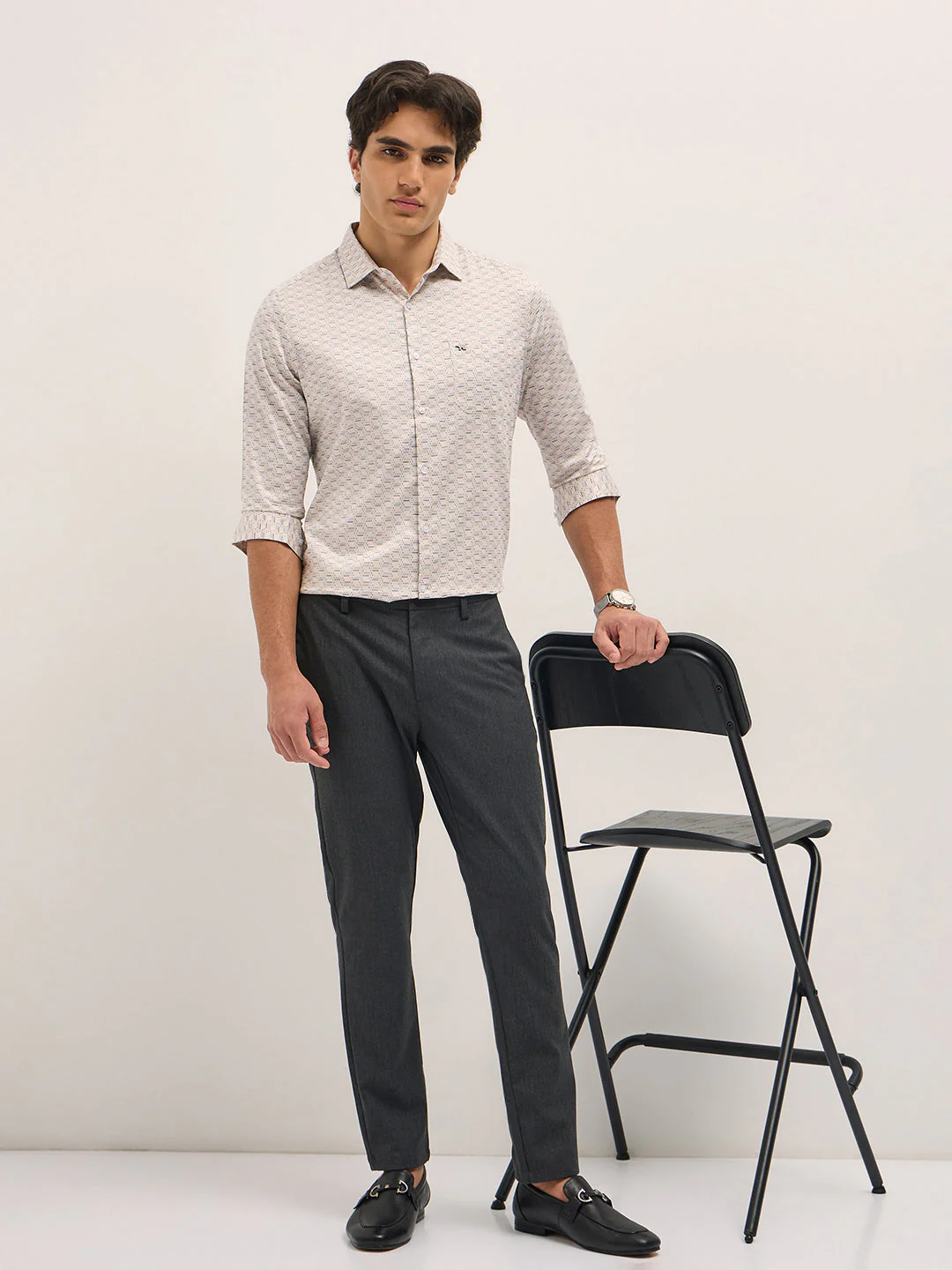 Men Cream Geometric Printed Tailored Fit Formal Shirt - Image 4
