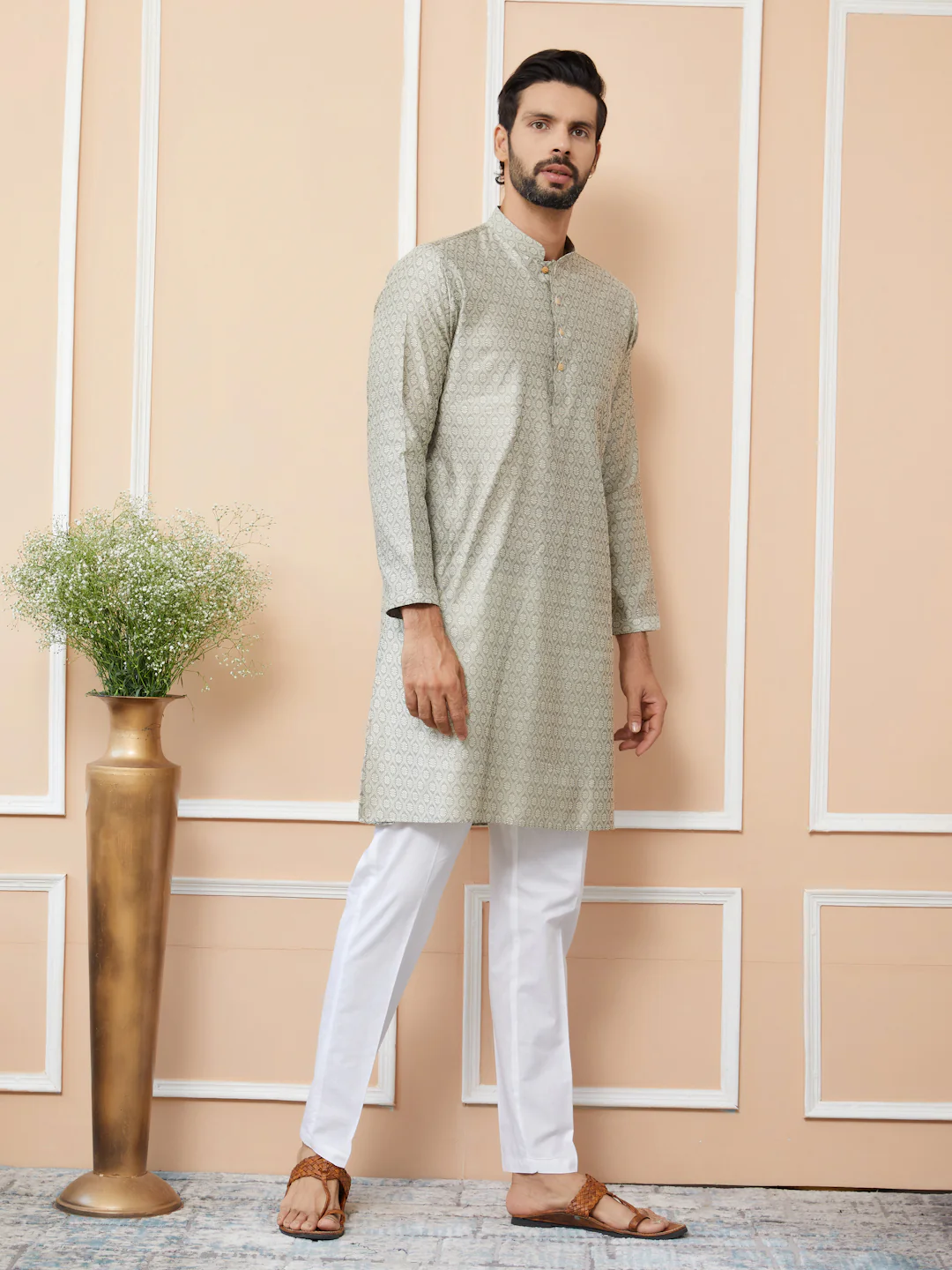 Men Cream Ethnic Motifs Silk Jacquard Woven Design Straight Kurta - Image 2