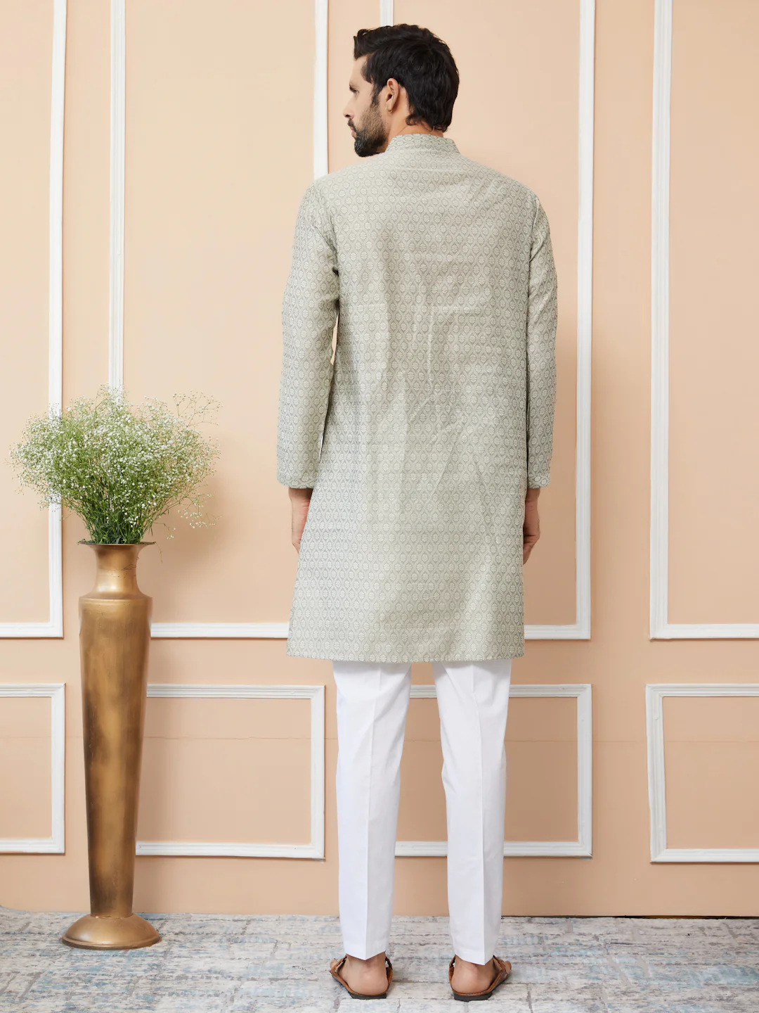 Men Cream Ethnic Motifs Silk Jacquard Woven Design Straight Kurta - Image 3