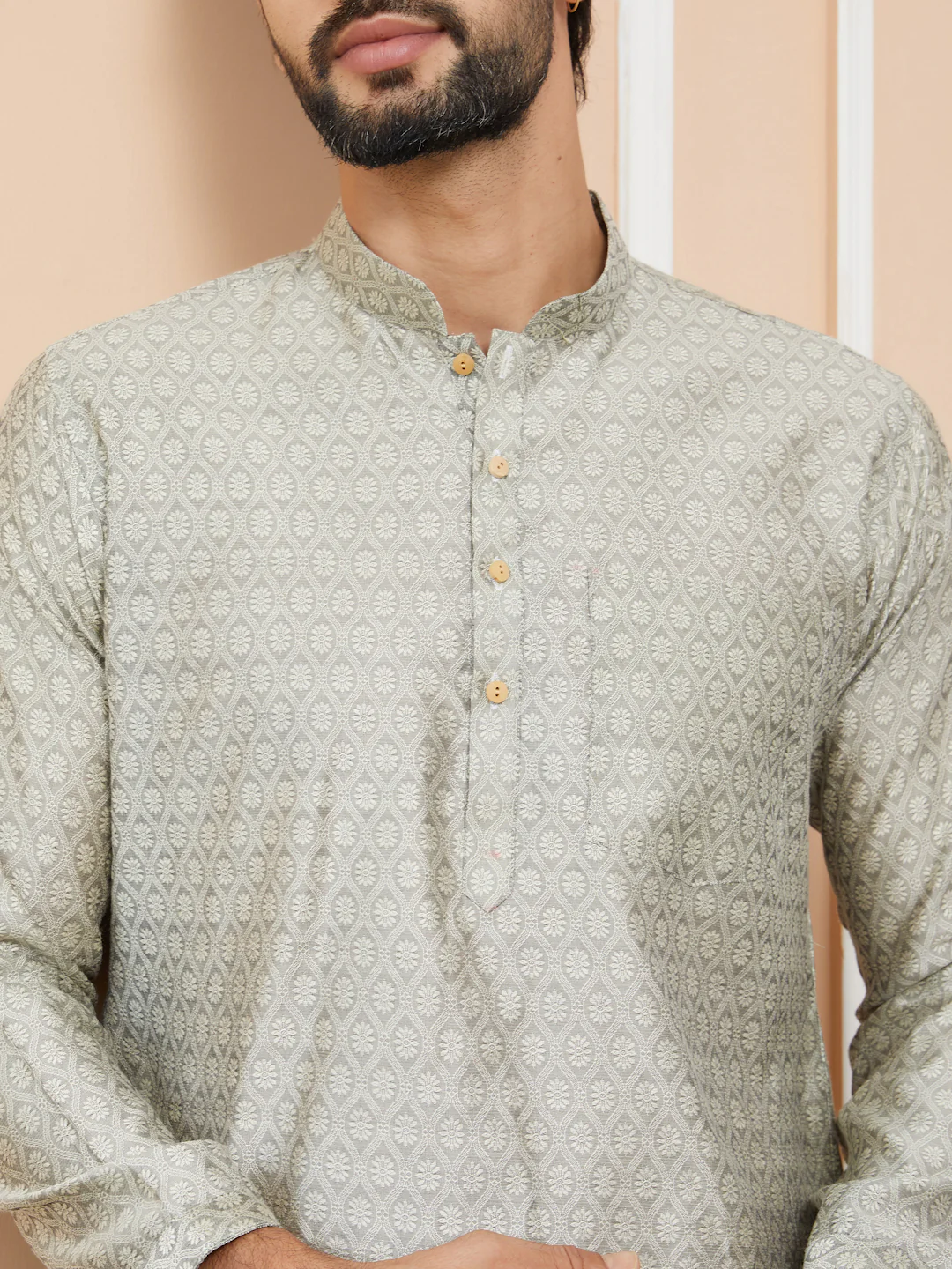 Men Cream Ethnic Motifs Silk Jacquard Woven Design Straight Kurta - Image 4