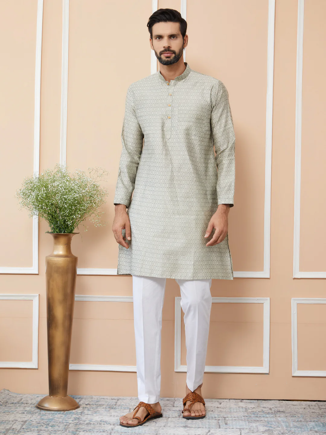 Men Cream Ethnic Motifs Silk Jacquard Woven Design Straight Kurta - Image 5