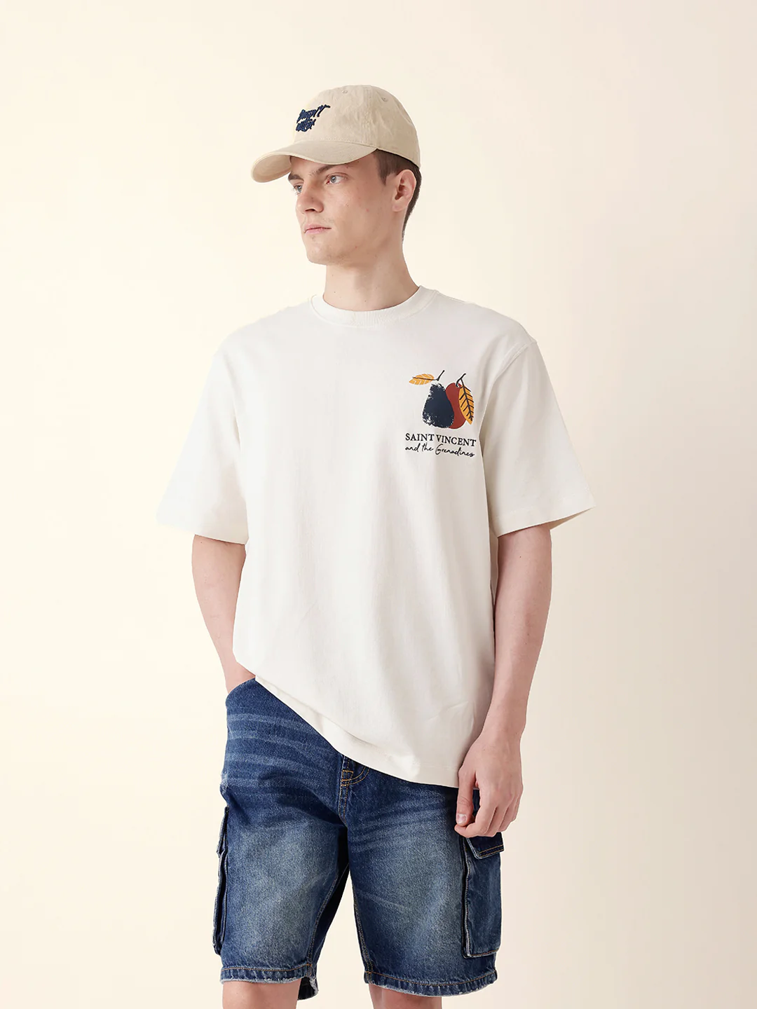 Men Cream Half Sleeve Oversize T-Shirt - Image 3