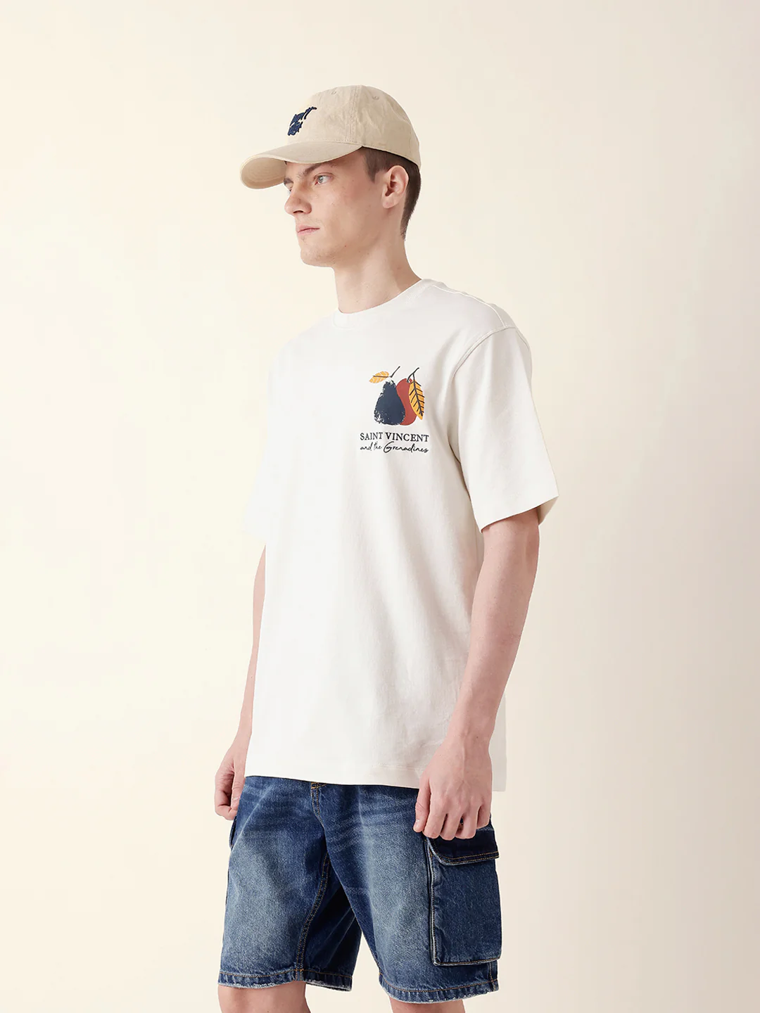 Men Cream Half Sleeve Oversize T-Shirt - Image 4
