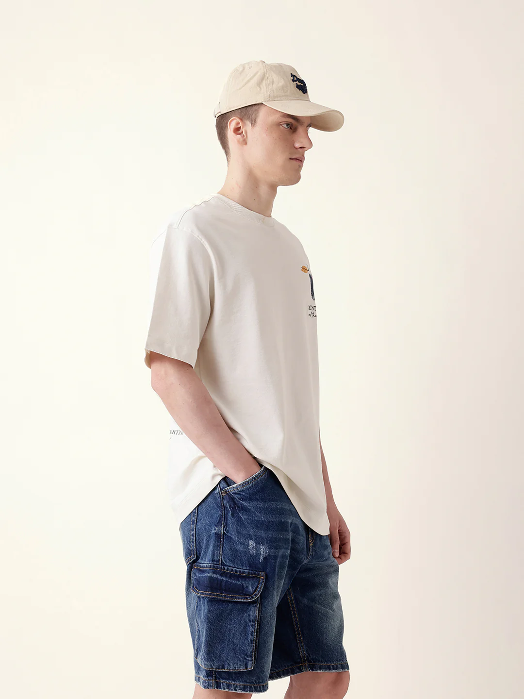 Men Cream Half Sleeve Oversize T-Shirt - Image 5