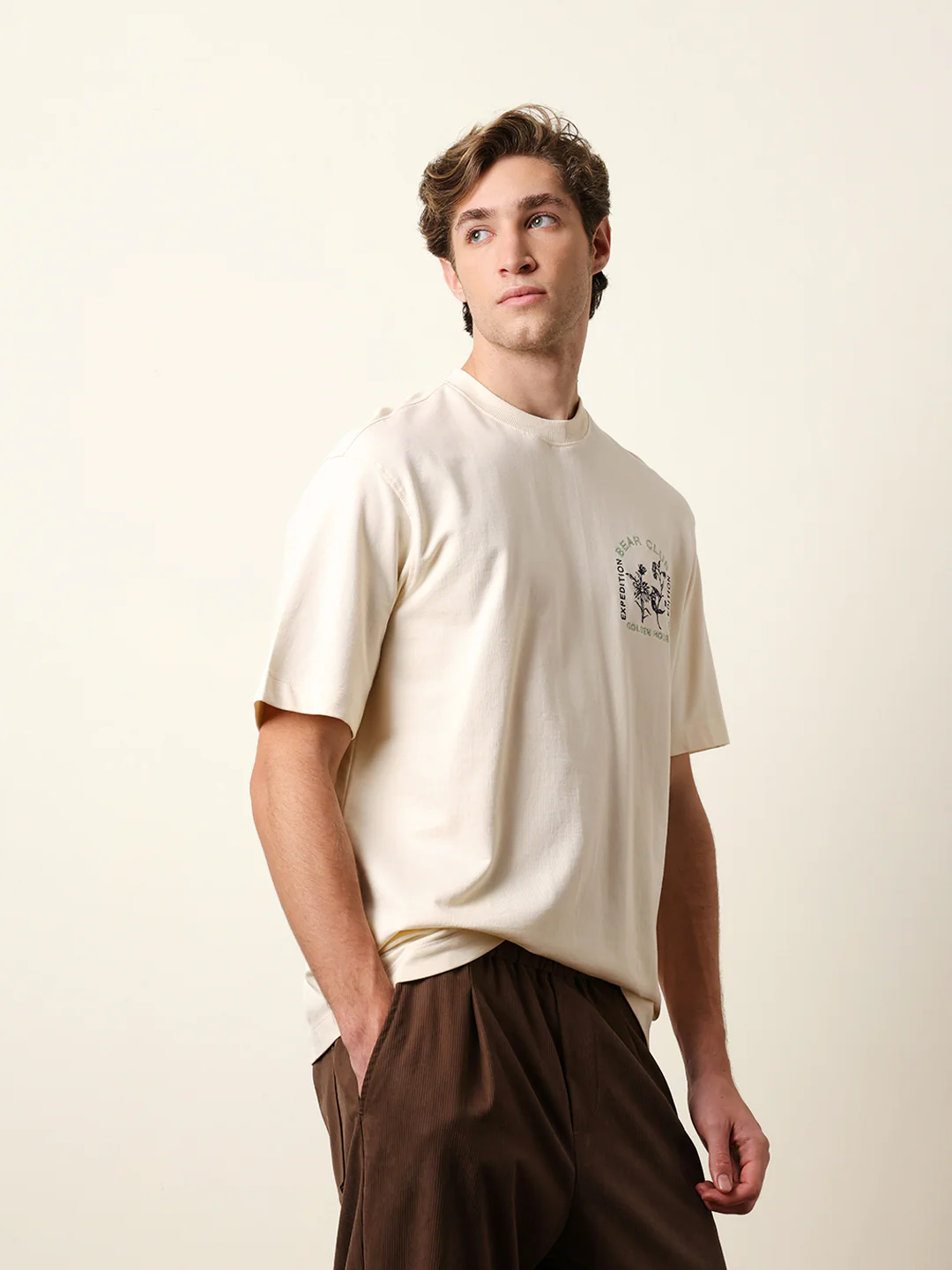 Men Cream Half Sleeve Oversize T-Shirt - Image 5