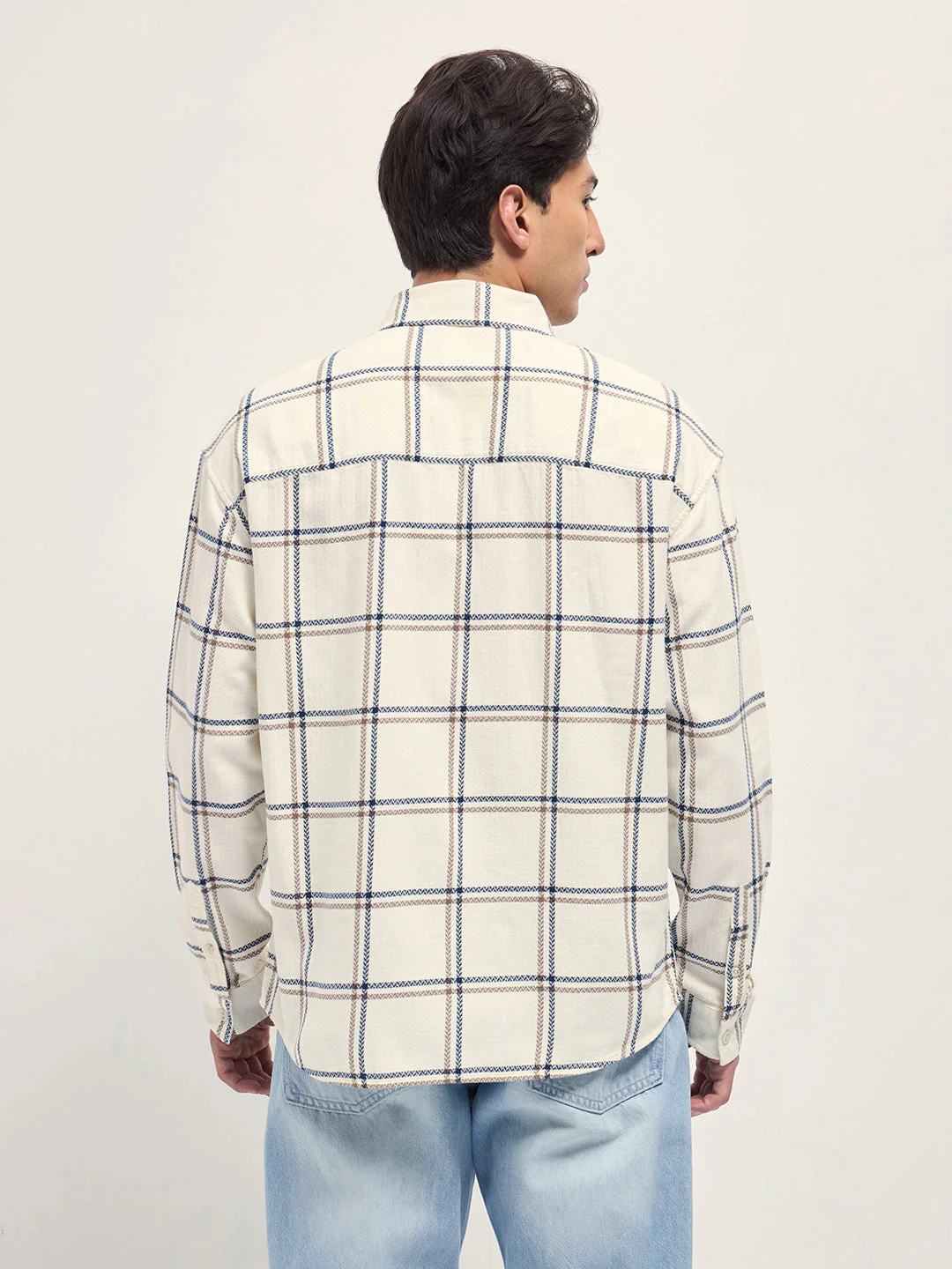 Men Cream Herringbone Check Cotton Relaxed Fit Overshirt - Image 2