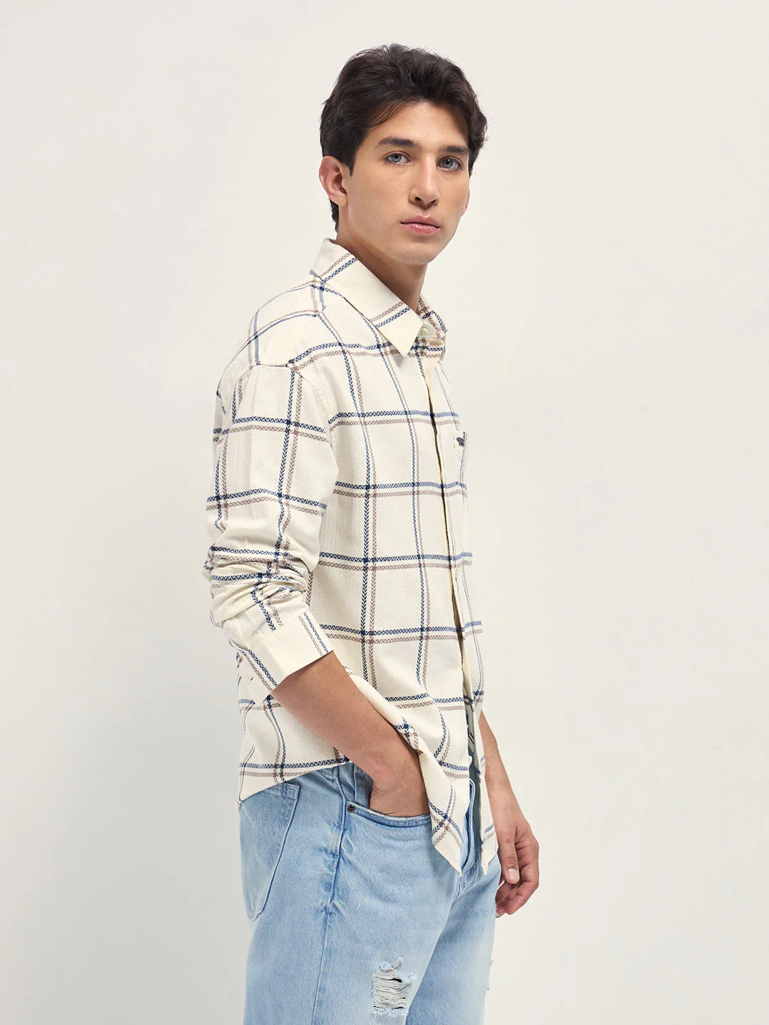 Men Cream Herringbone Check Cotton Relaxed Fit Overshirt - Image 3