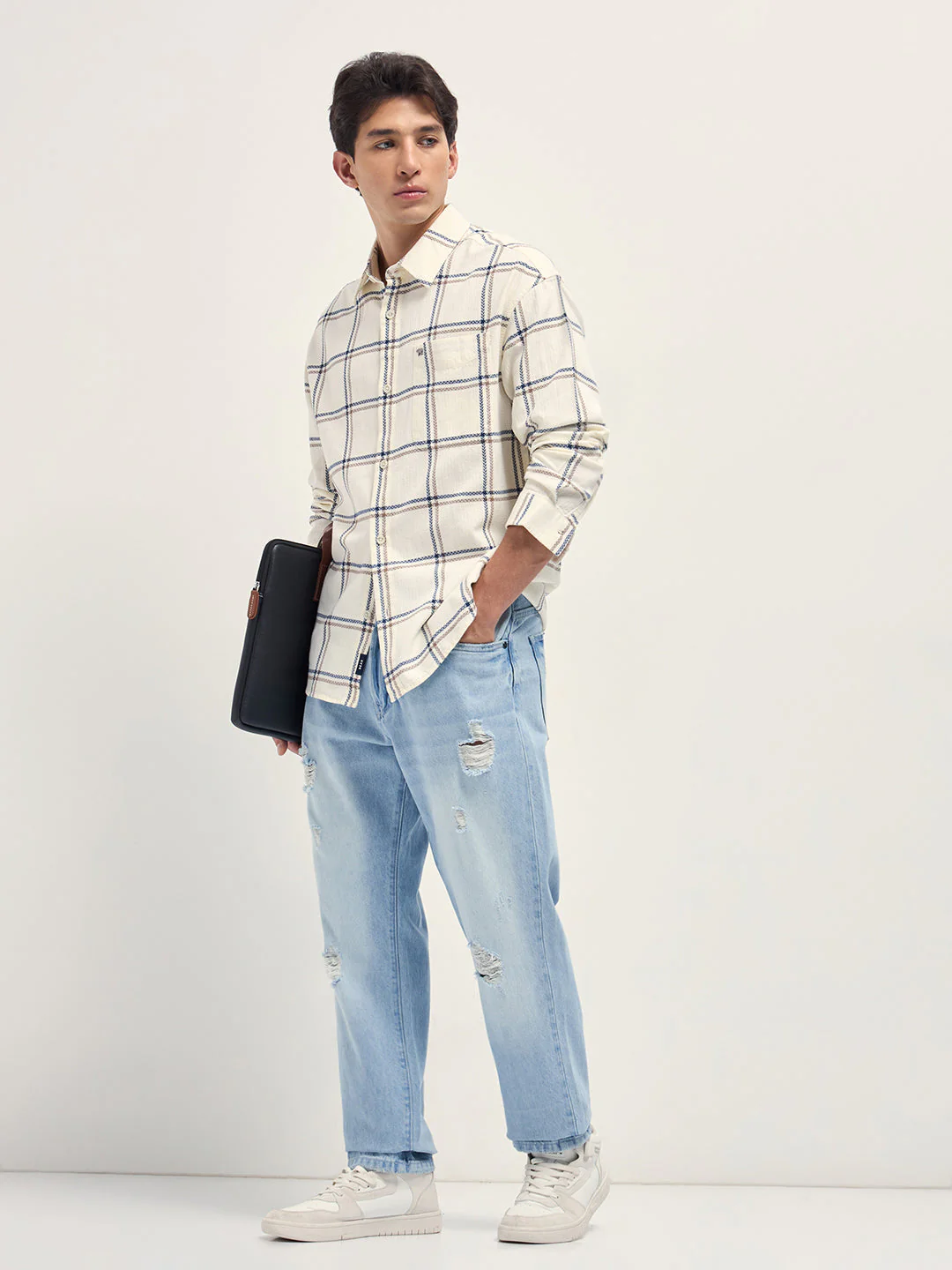 Men Cream Herringbone Check Cotton Relaxed Fit Overshirt - Image 4