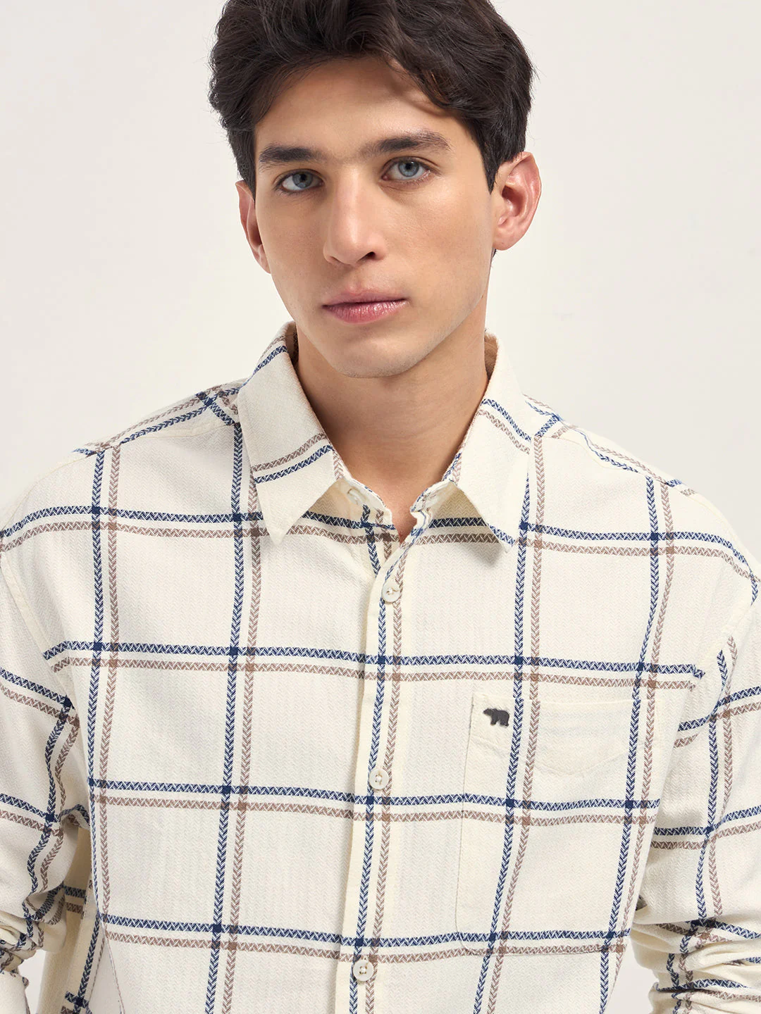Men Cream Herringbone Check Cotton Relaxed Fit Overshirt - Image 5