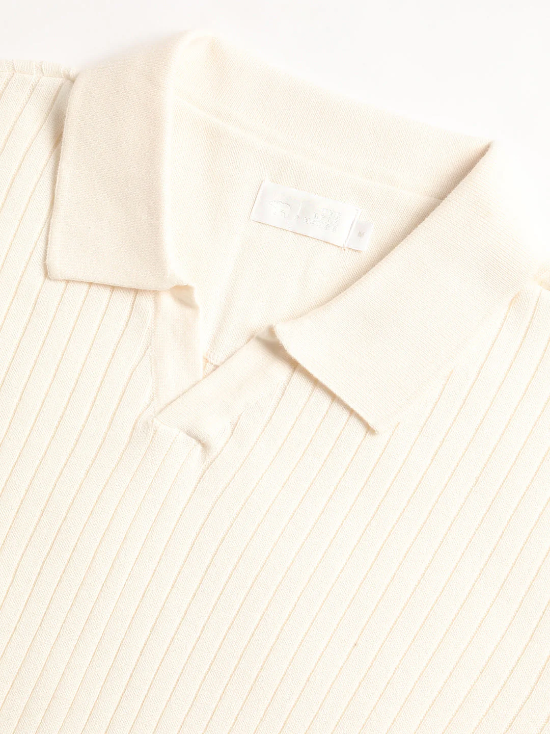 Men Cream Knitted Regular Fit Polo Collar T-shirt - Image 2