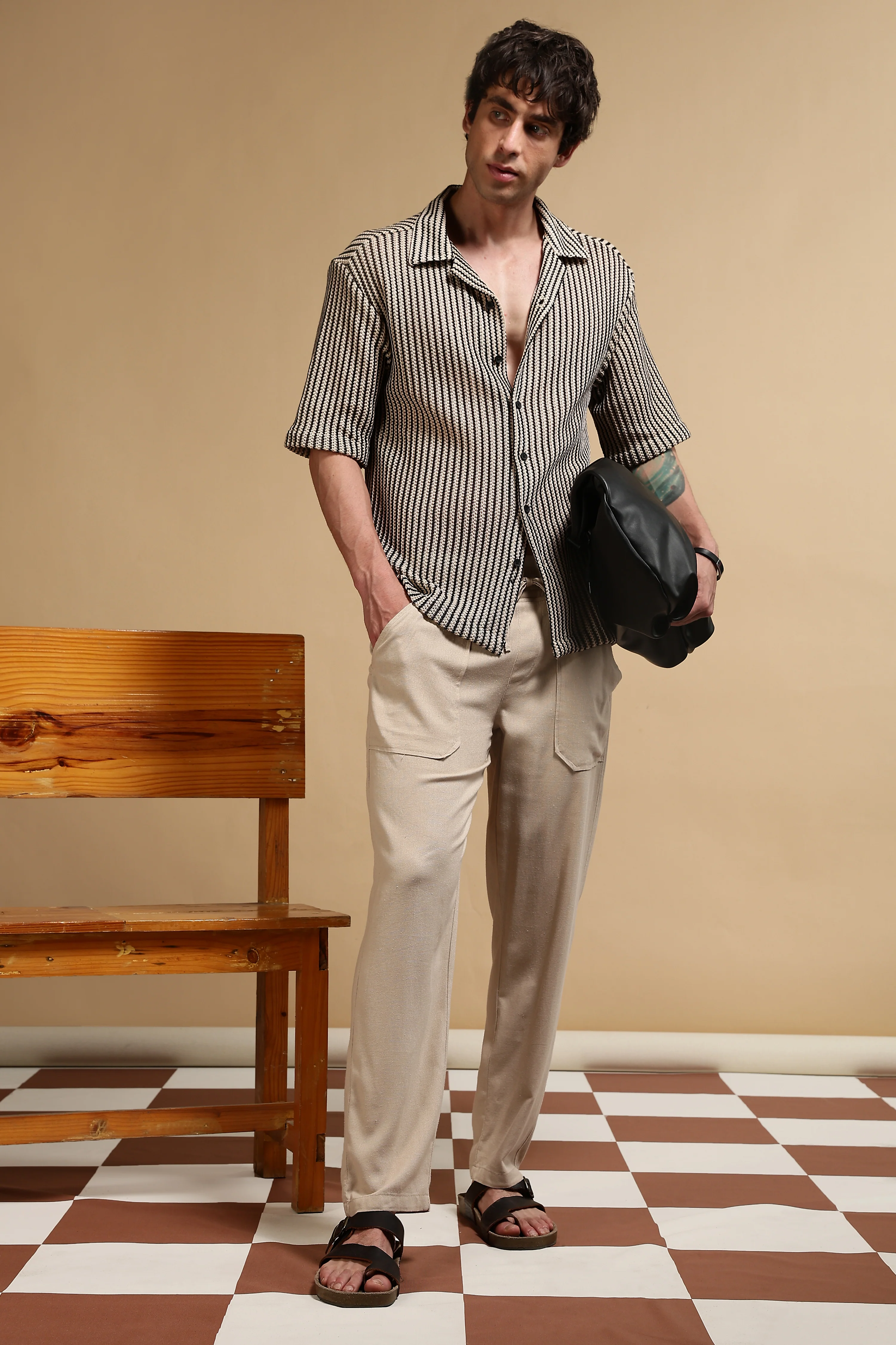 Men Cream Linen Blend Loose Fit Drawcord Trousers - Image 11
