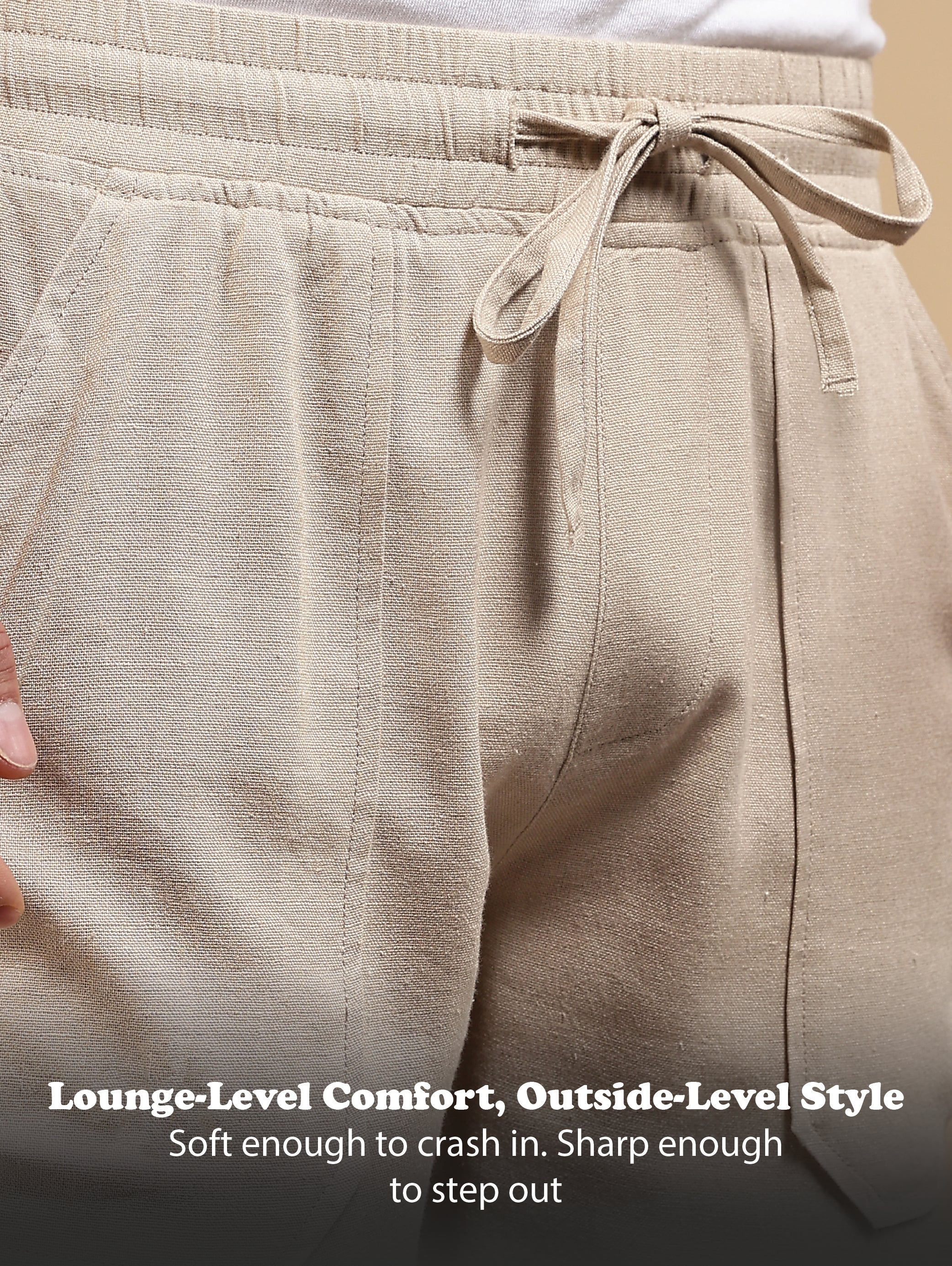 Men Cream Linen Blend Loose Fit Drawcord Trousers - Image 13