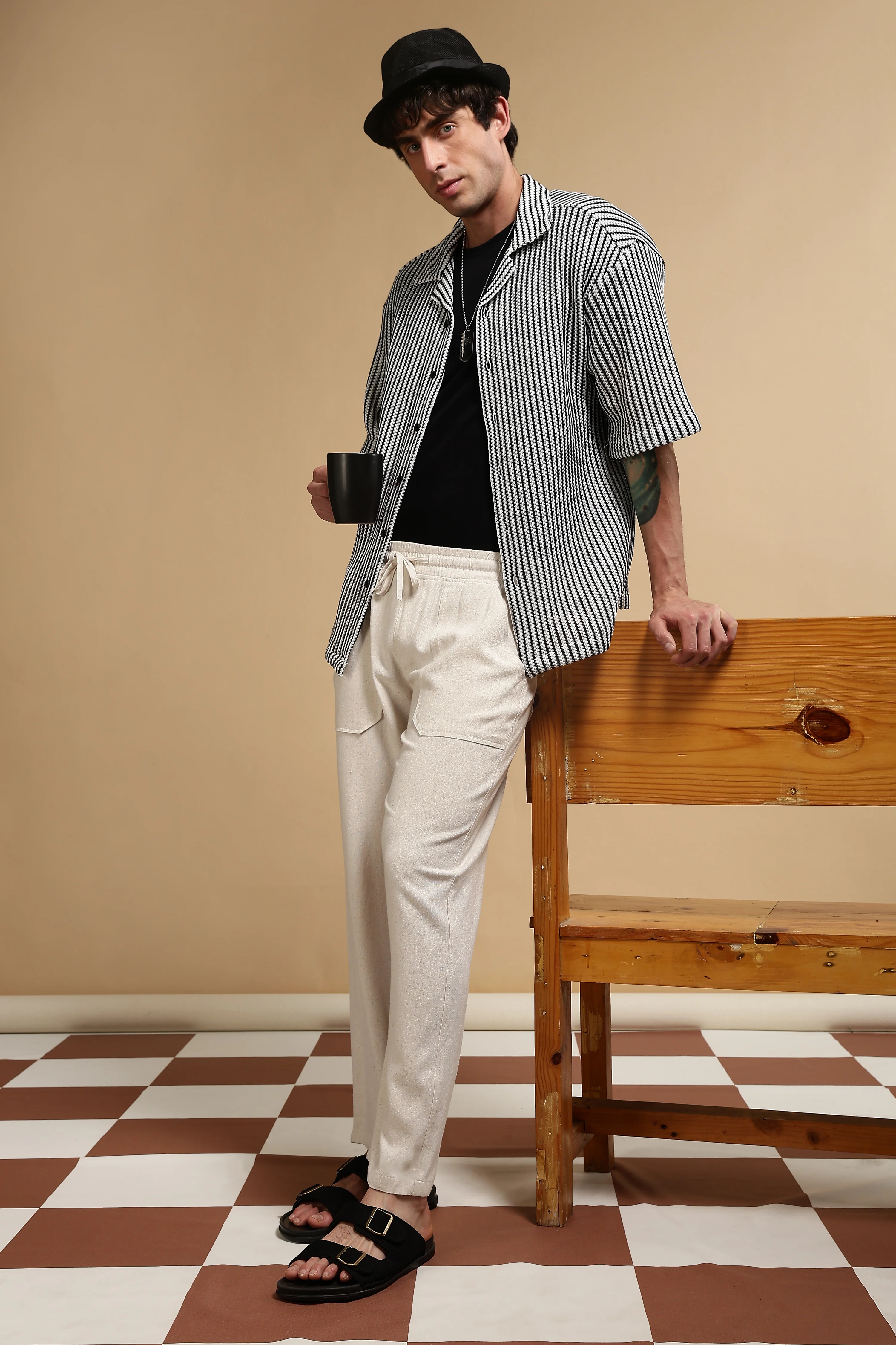 Men Cream Linen Blend Loose Fit Drawcord Trousers - Image 11