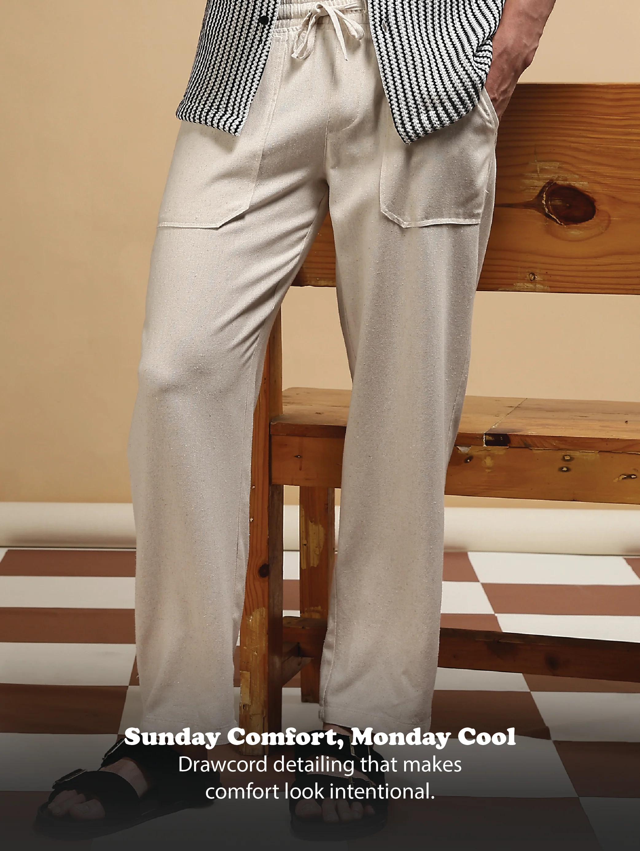 Men Cream Linen Blend Loose Fit Drawcord Trousers - Image 12