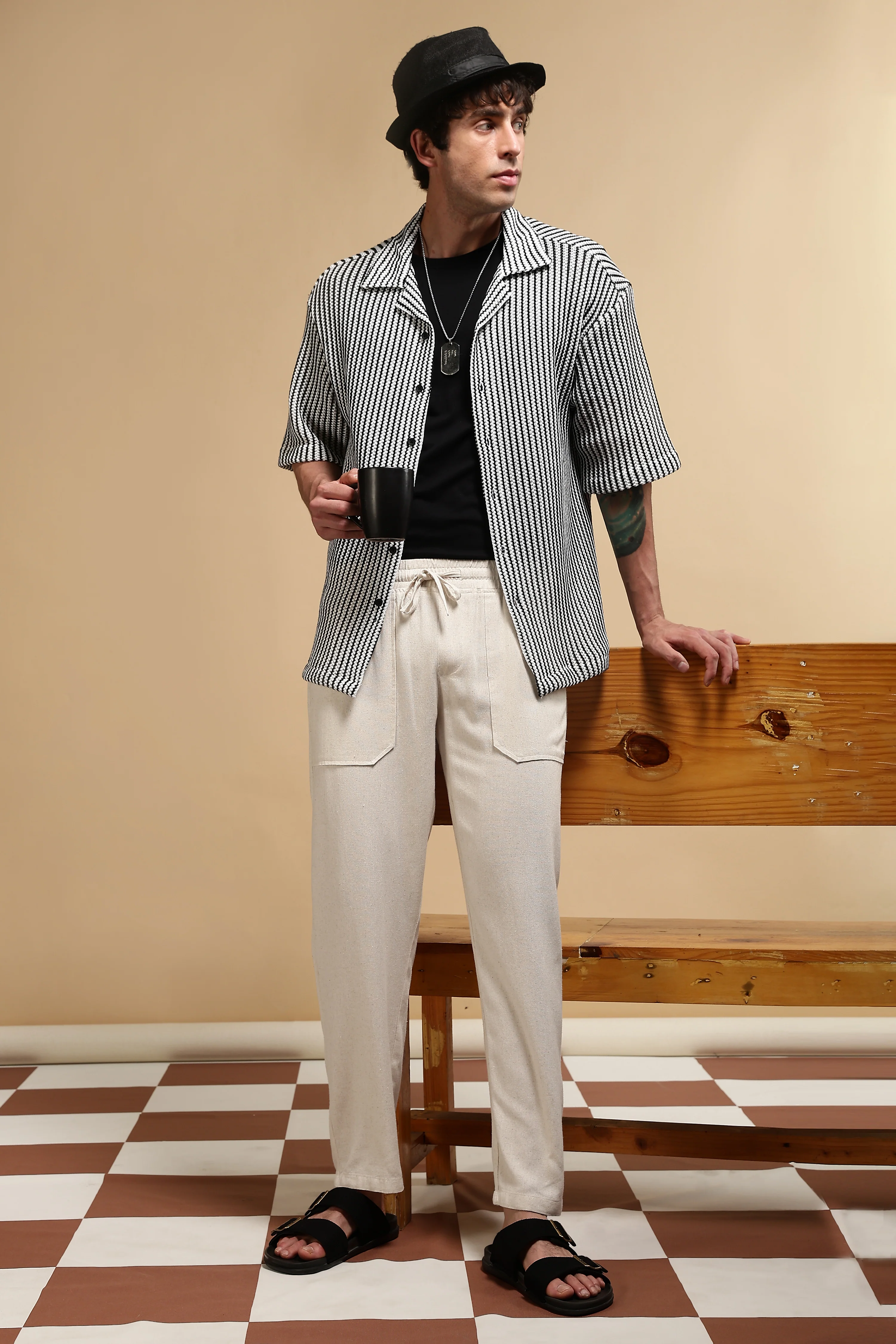Men Cream Linen Blend Loose Fit Drawcord Trousers - Image 2