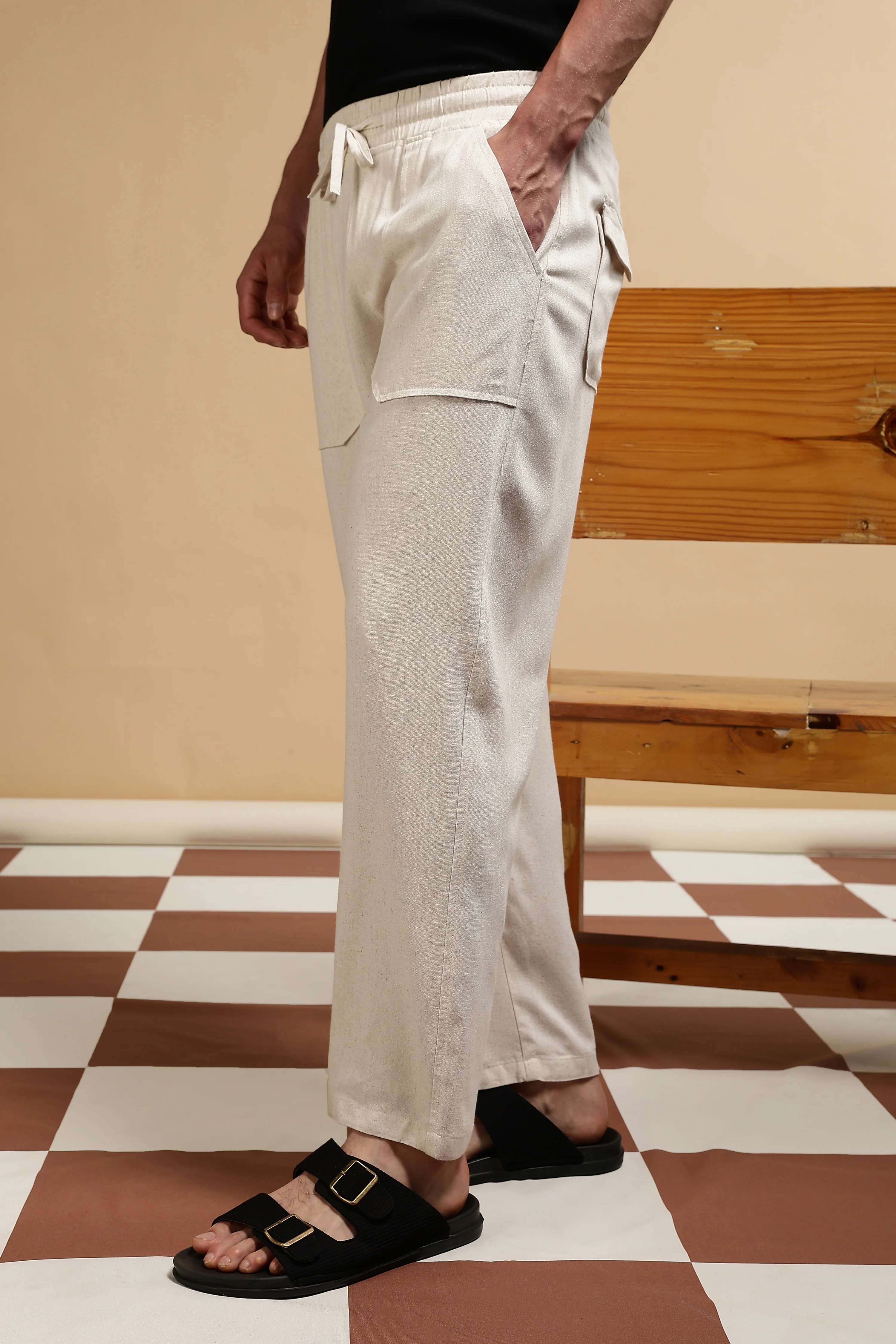 Men Cream Linen Blend Loose Fit Drawcord Trousers - Image 4