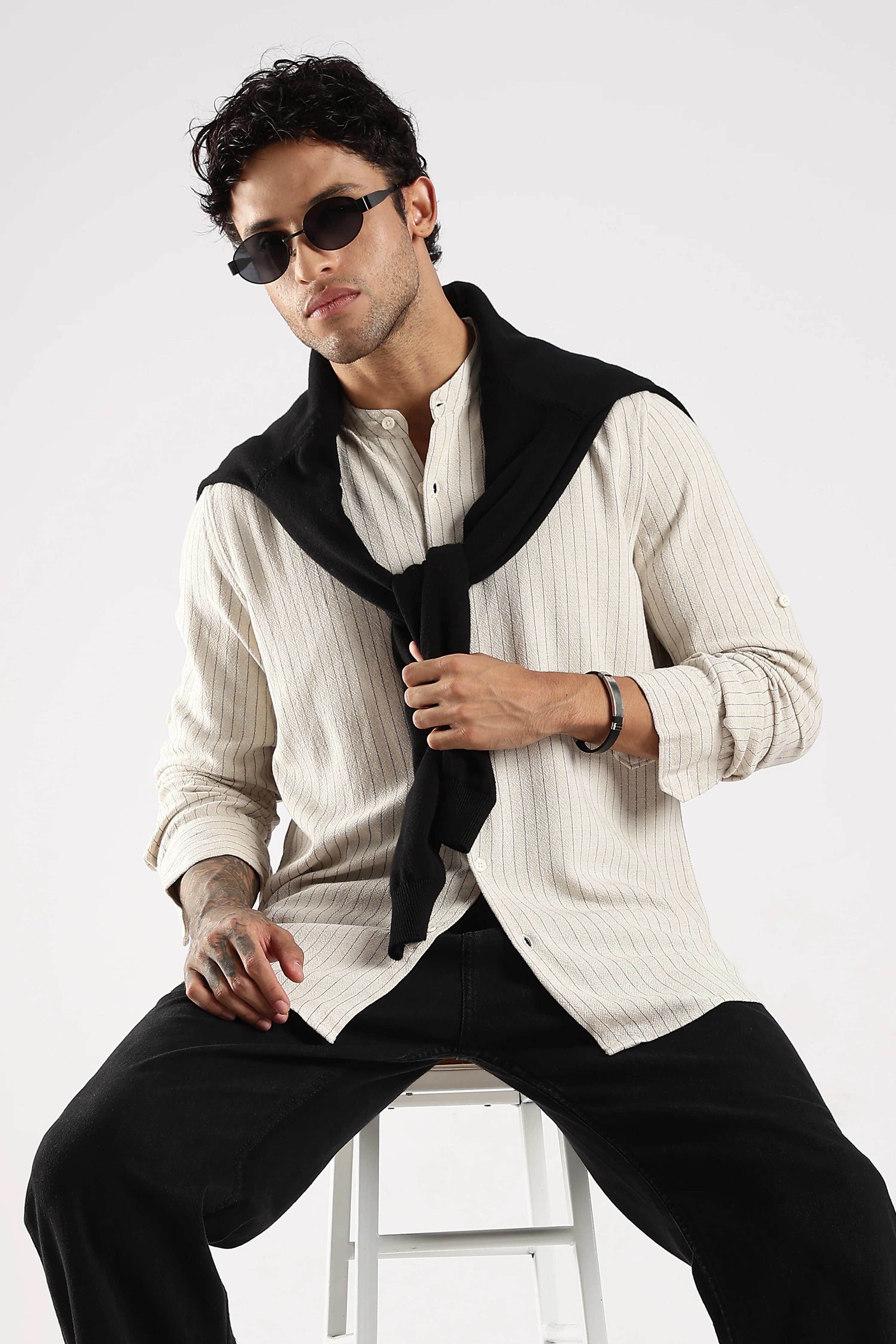 Men Cream Linen Blend Striped Shirt - Image 10