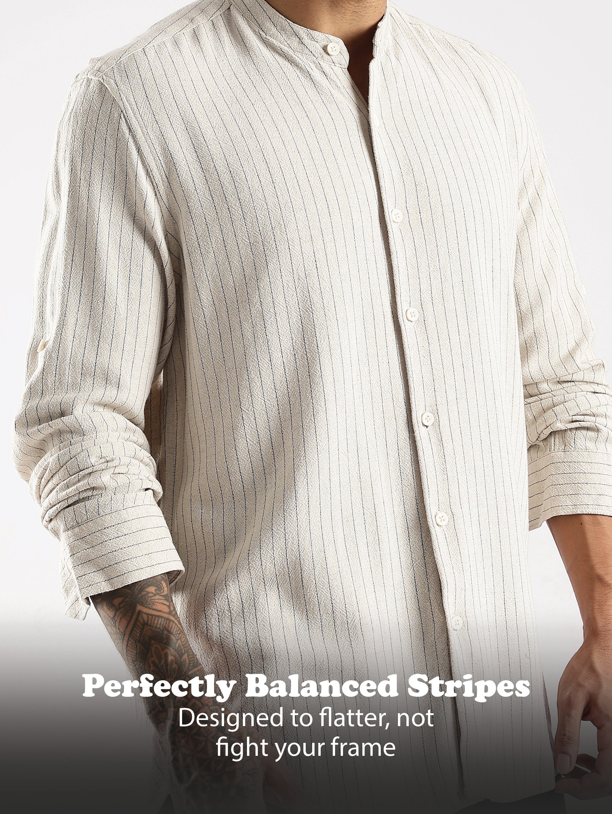 Men Cream Linen Blend Striped Shirt - Image 11