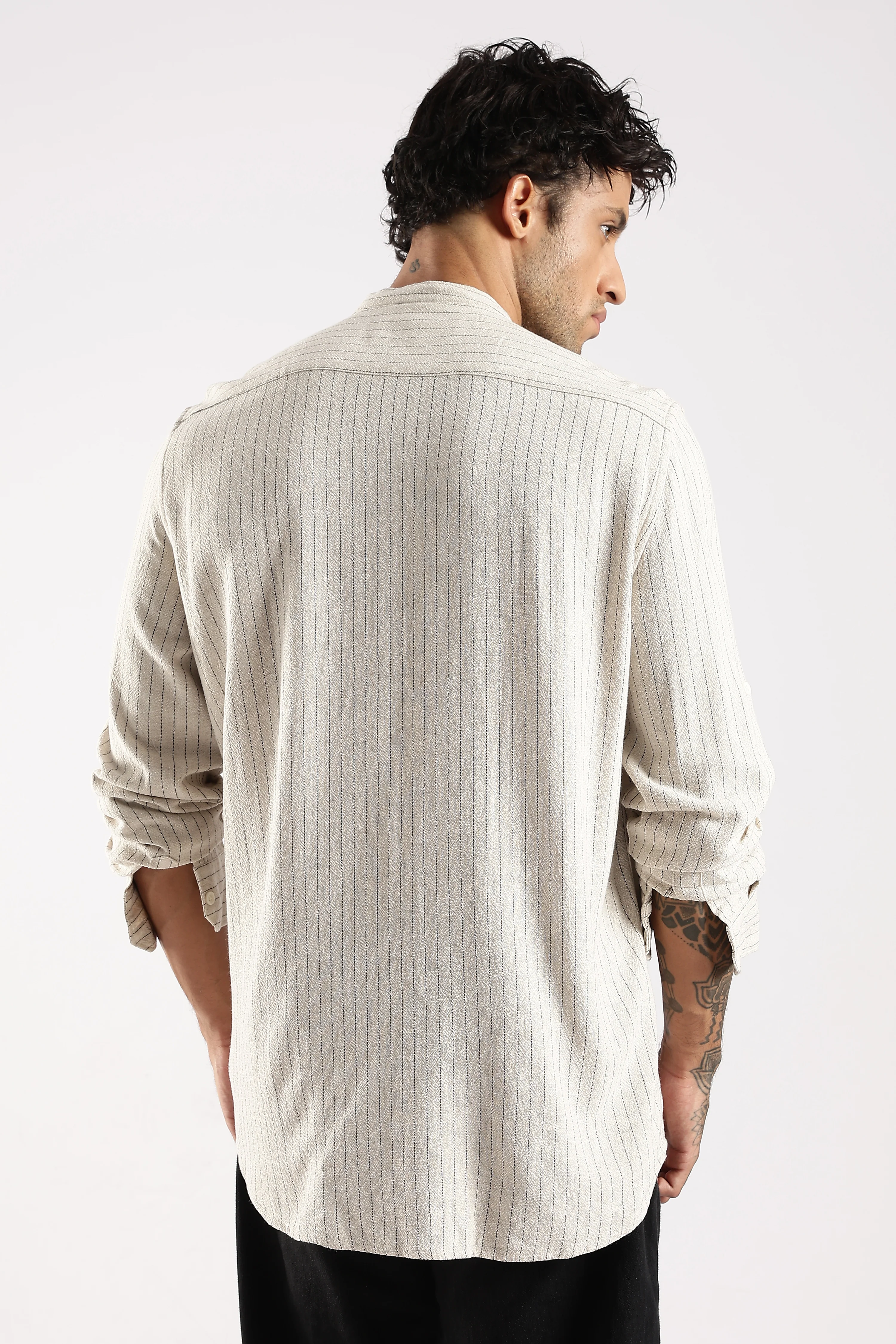 Men Cream Linen Blend Striped Shirt - Image 2