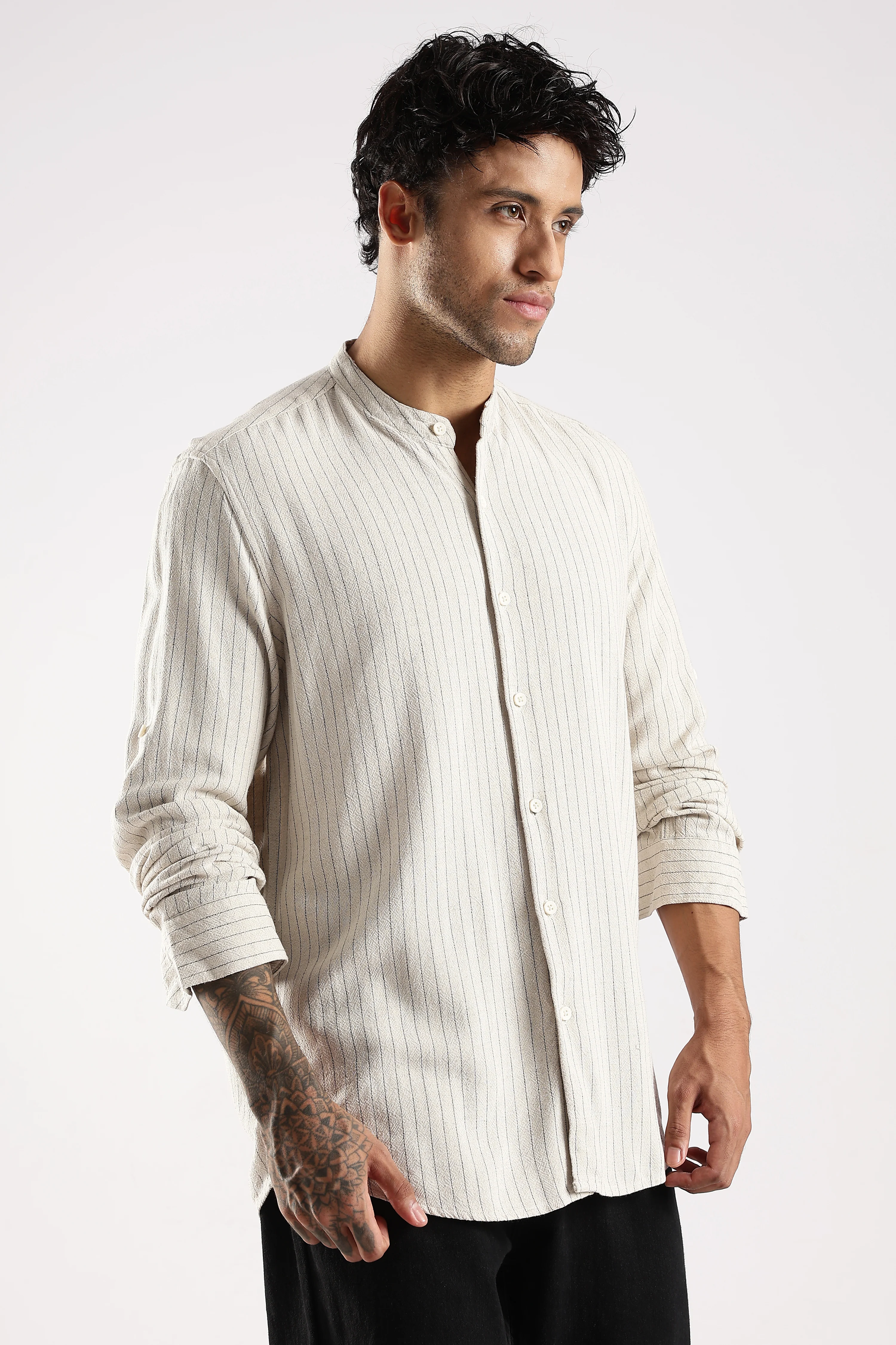 Men Cream Linen Blend Striped Shirt - Image 3