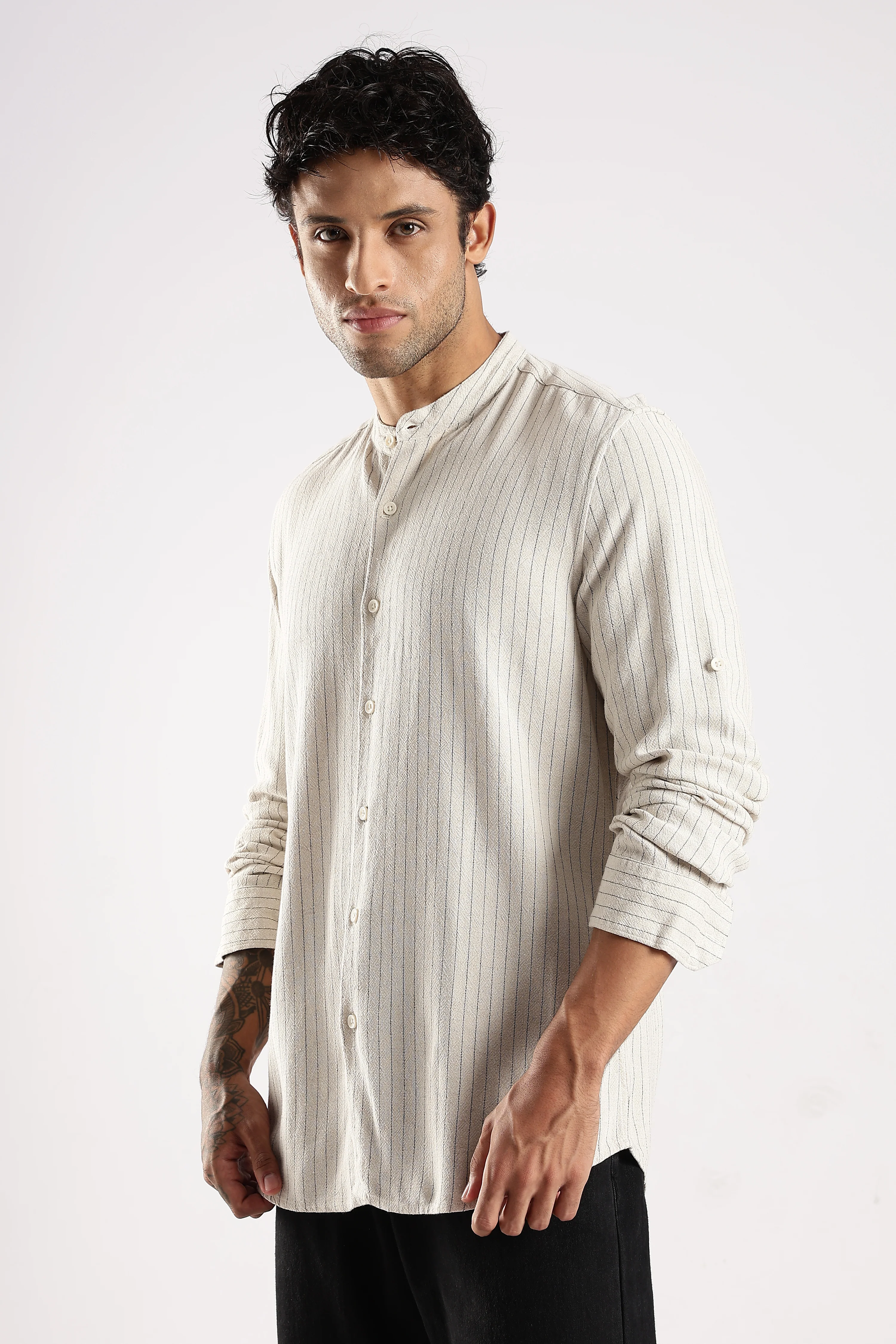 Men Cream Linen Blend Striped Shirt - Image 4