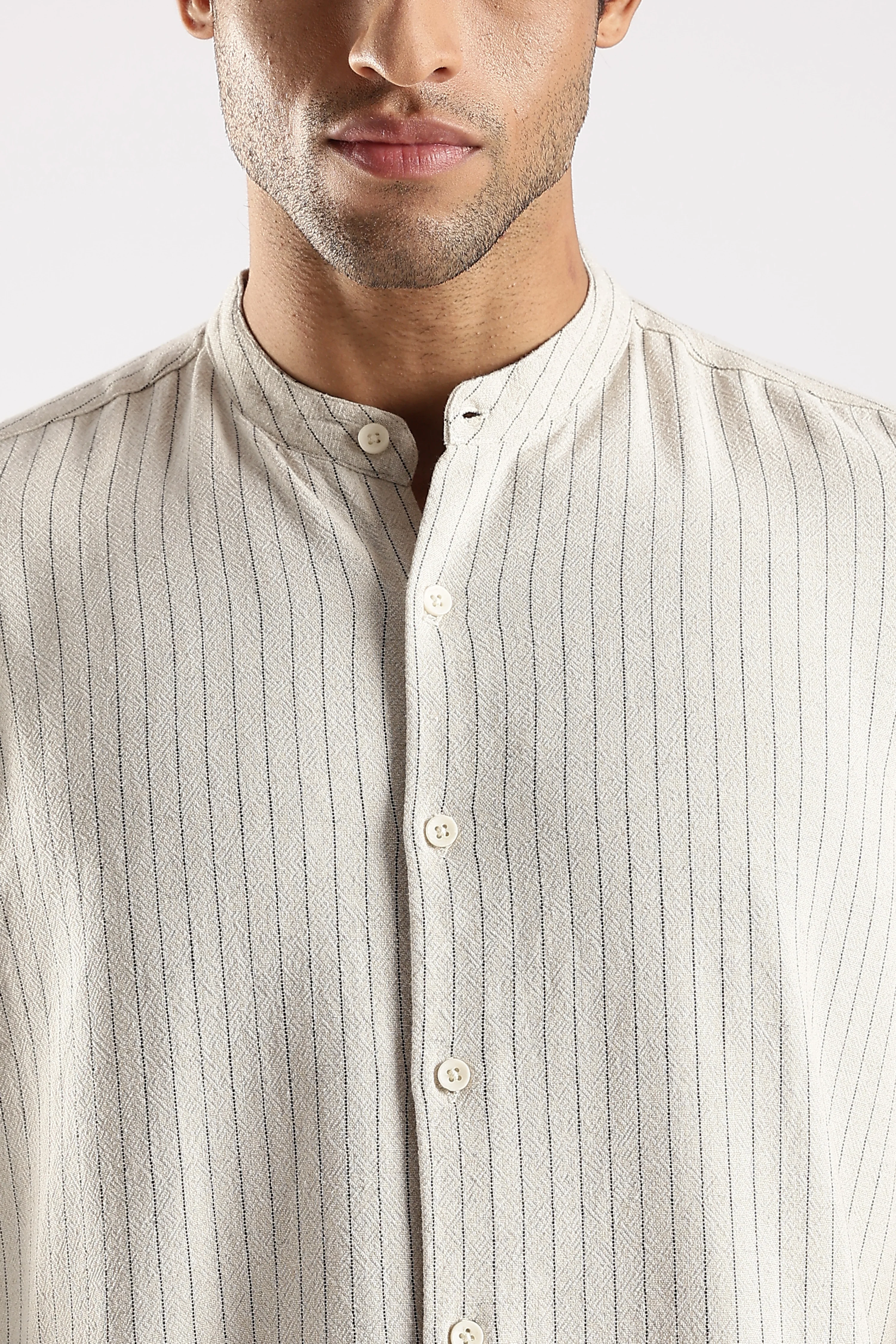 Men Cream Linen Blend Striped Shirt - Image 5