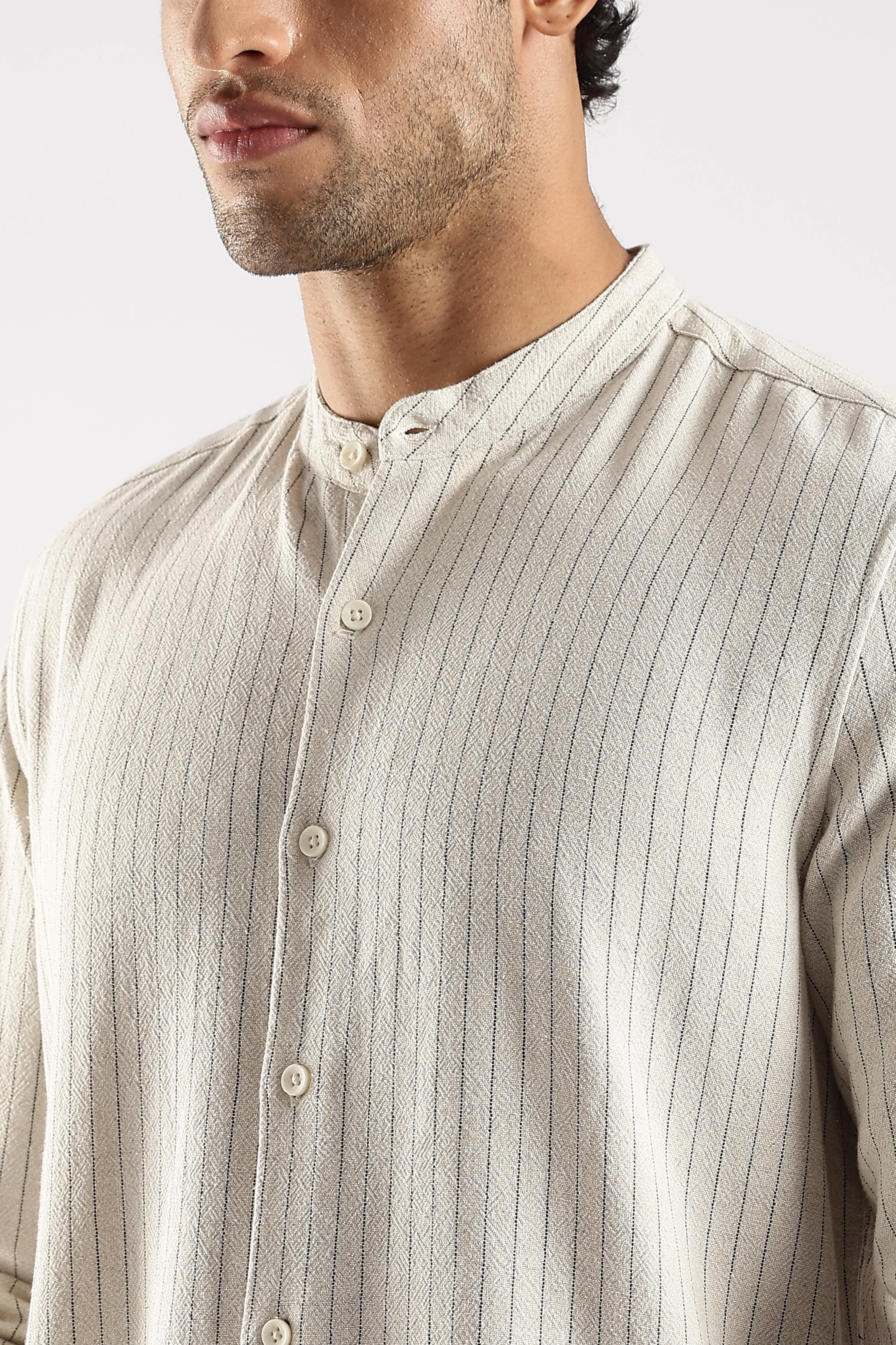 Men Cream Linen Blend Striped Shirt - Image 6