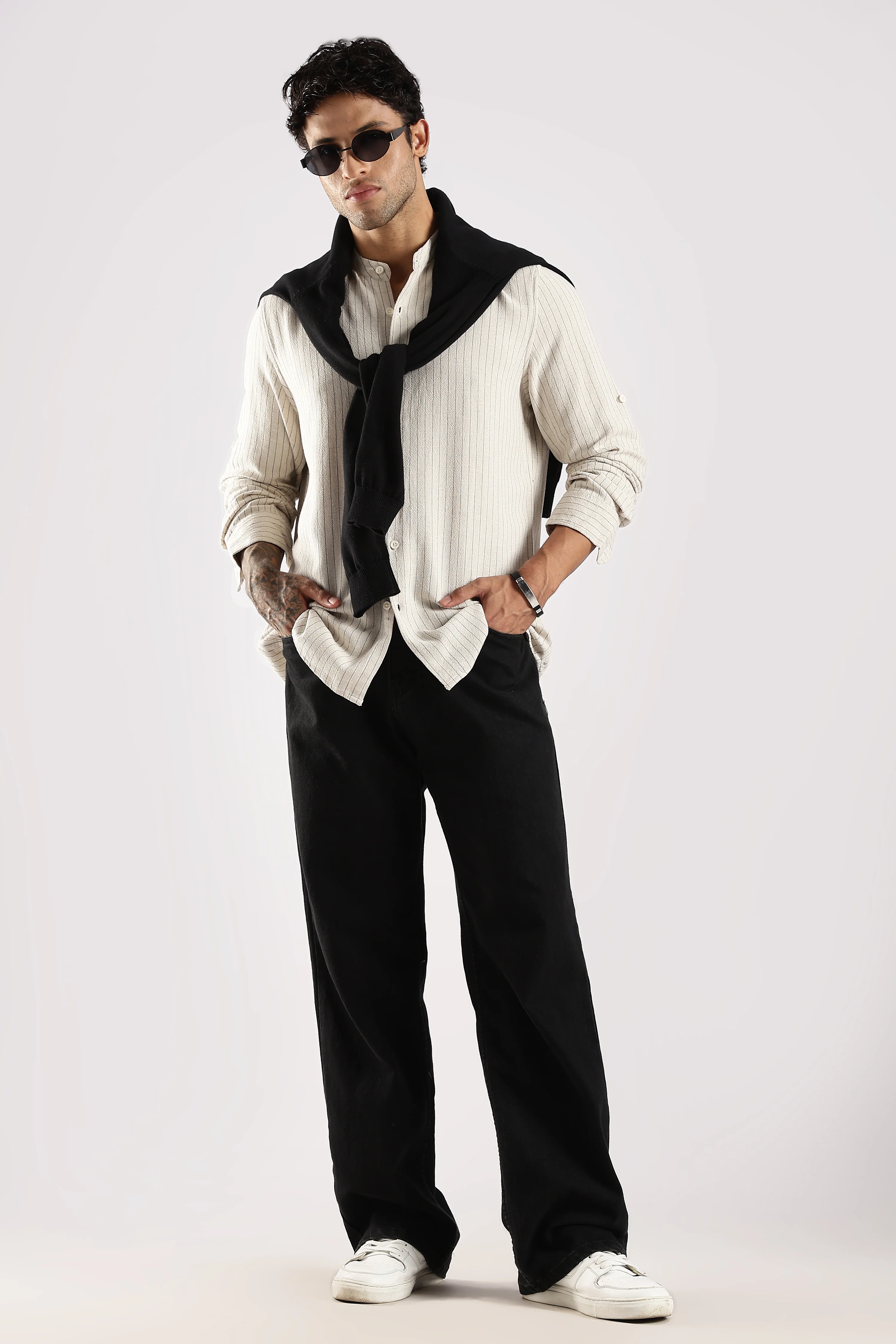 Men Cream Linen Blend Striped Shirt - Image 7