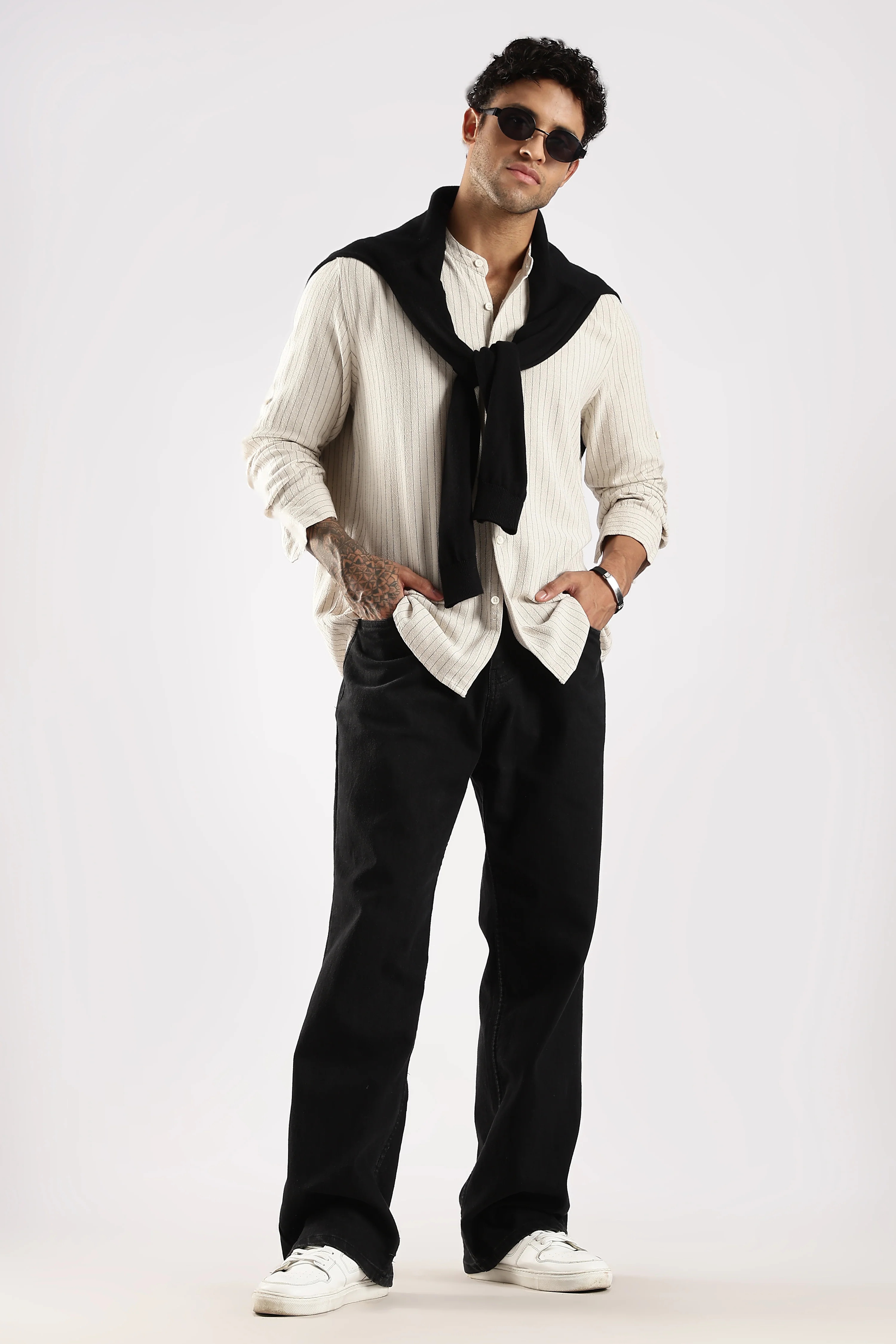 Men Cream Linen Blend Striped Shirt - Image 8
