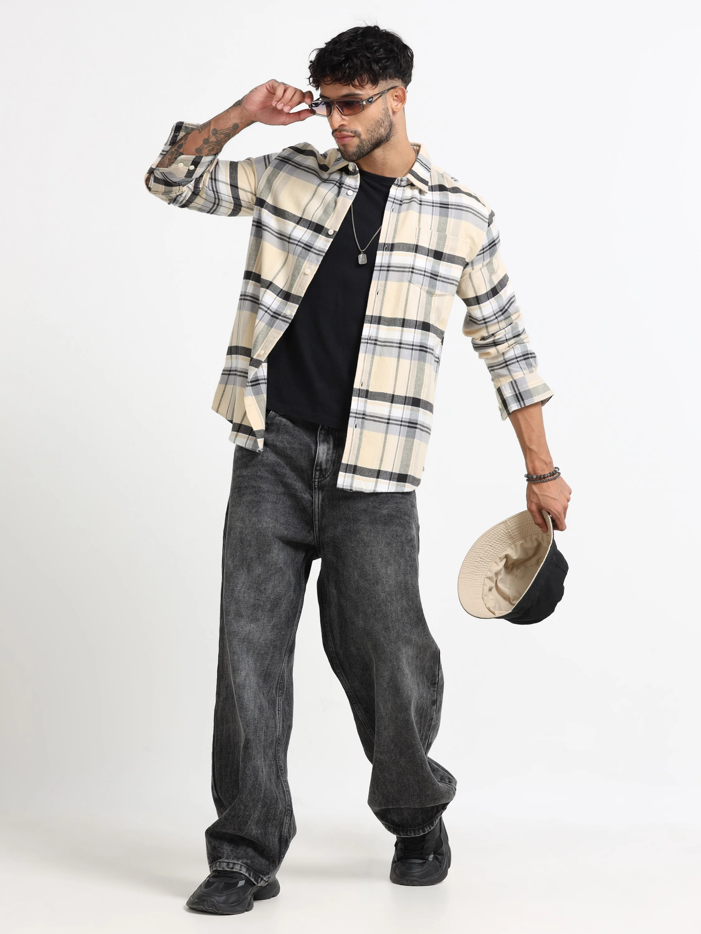 Men Cream Multi Check Shirt - Image 2