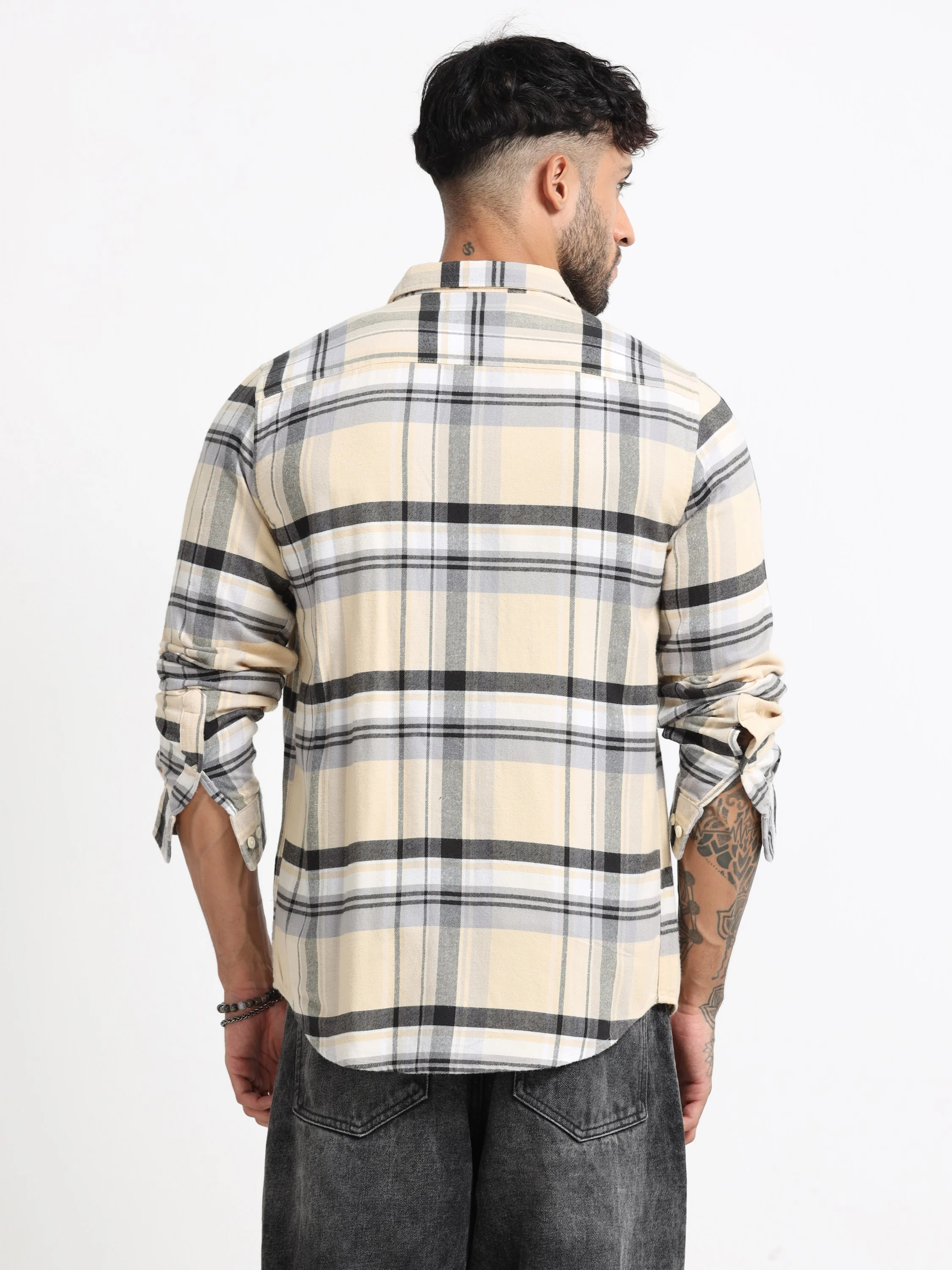 Men Cream Multi Check Shirt - Image 3