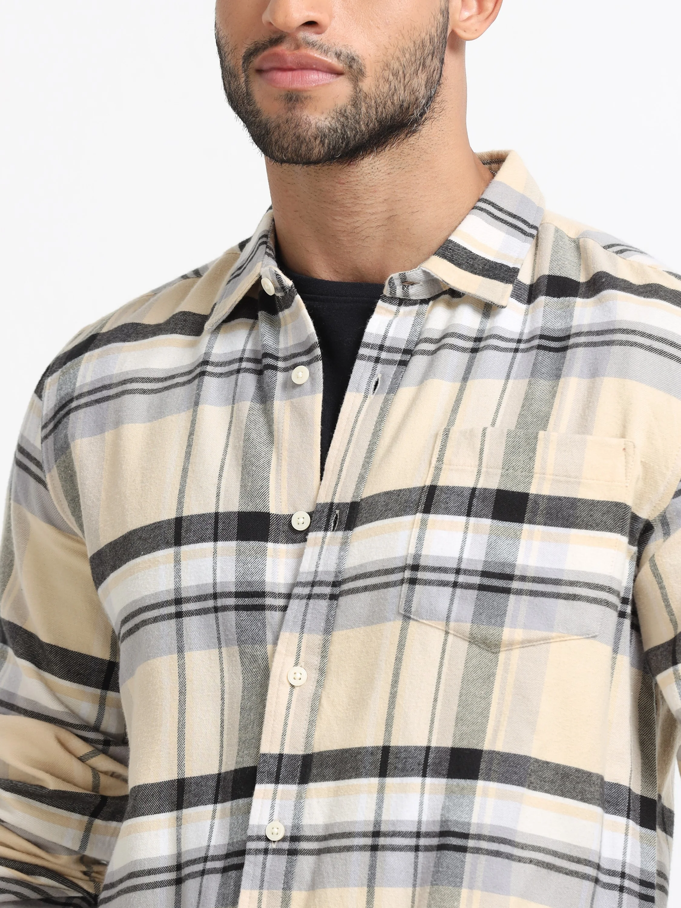 Men Cream Multi Check Shirt - Image 5