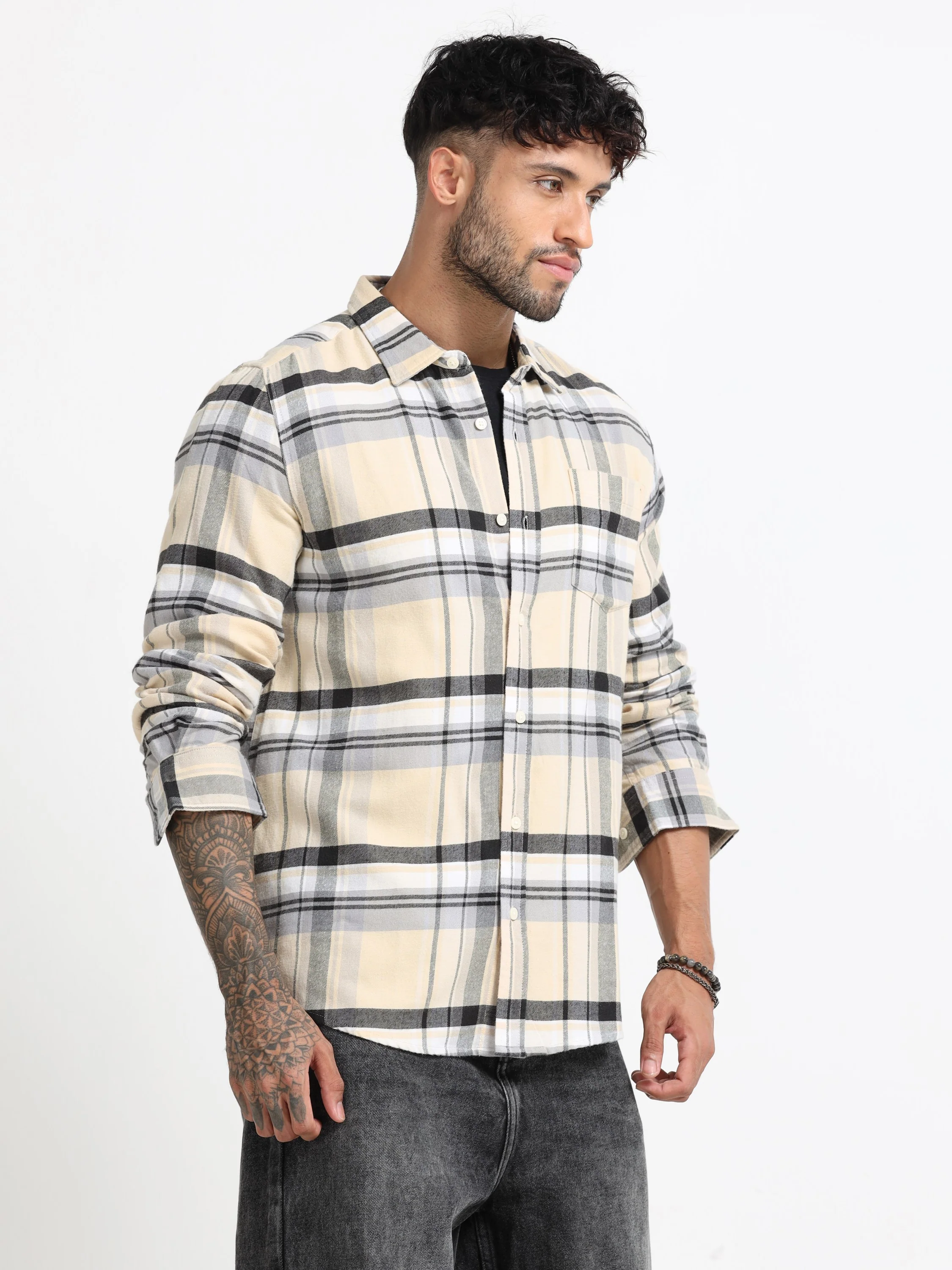 Men Cream Multi Check Shirt - Image 6
