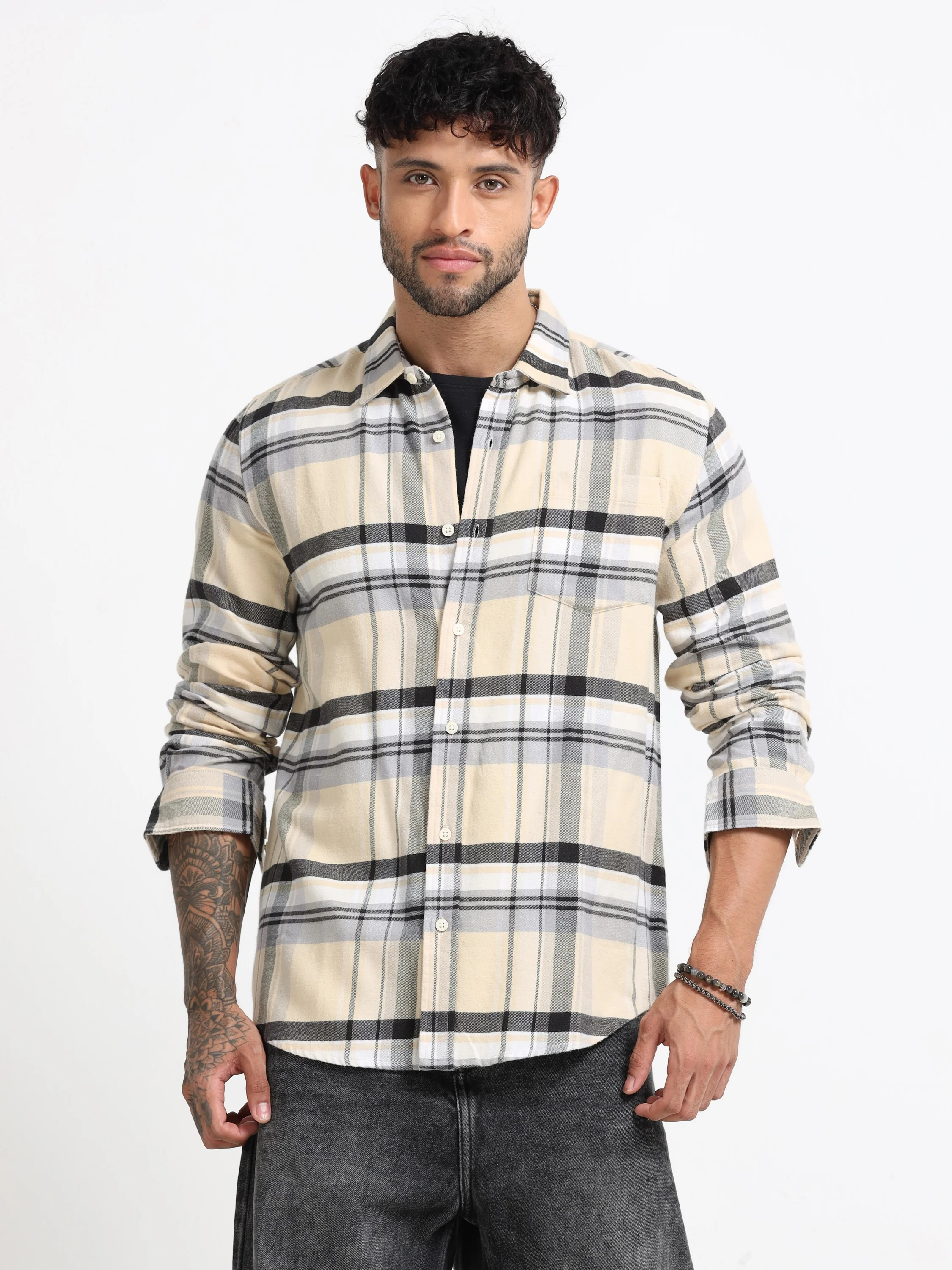 Men Cream Multi Check Shirt - Image 7