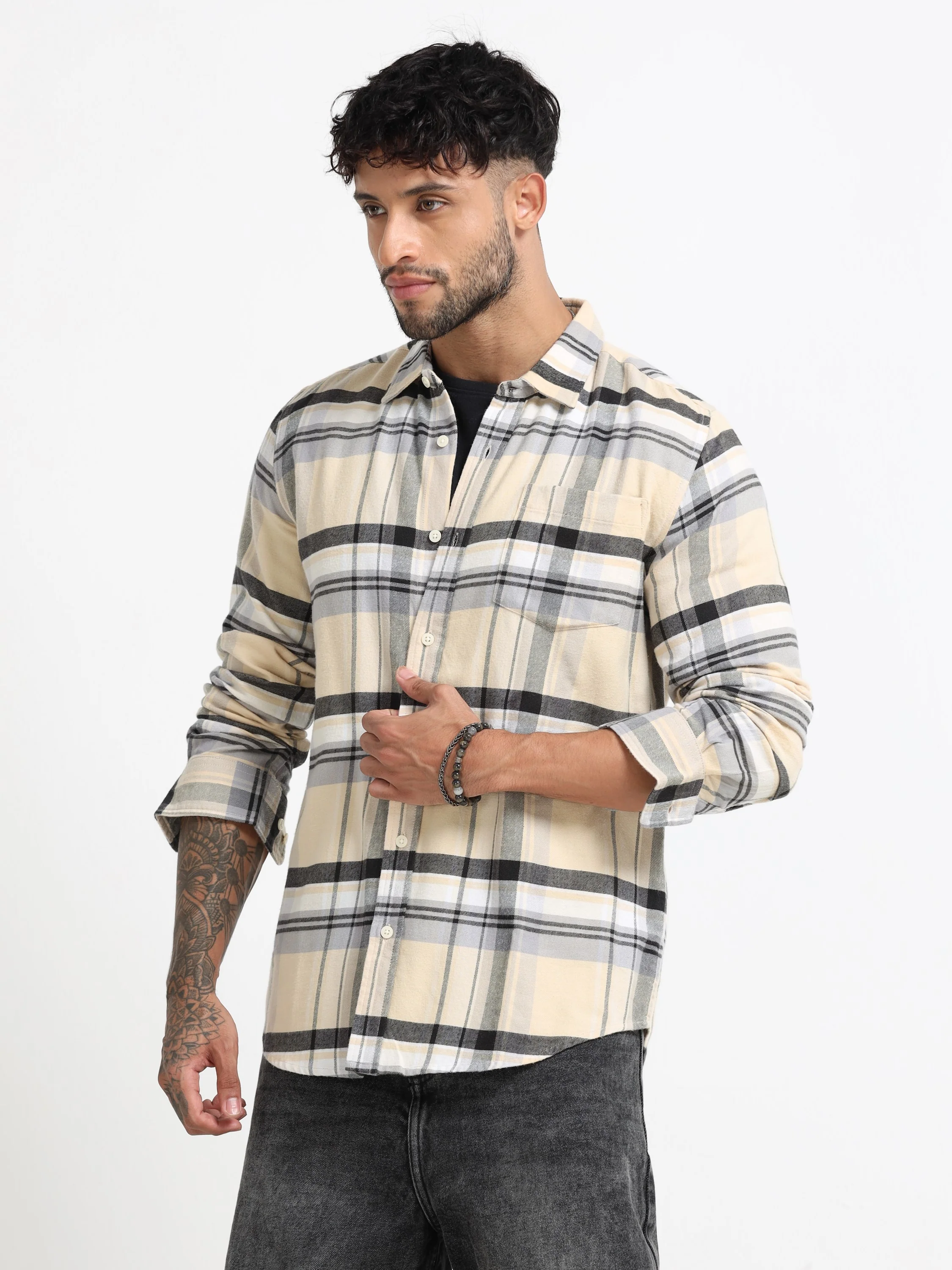 Men Cream Multi Check Shirt - Image 8