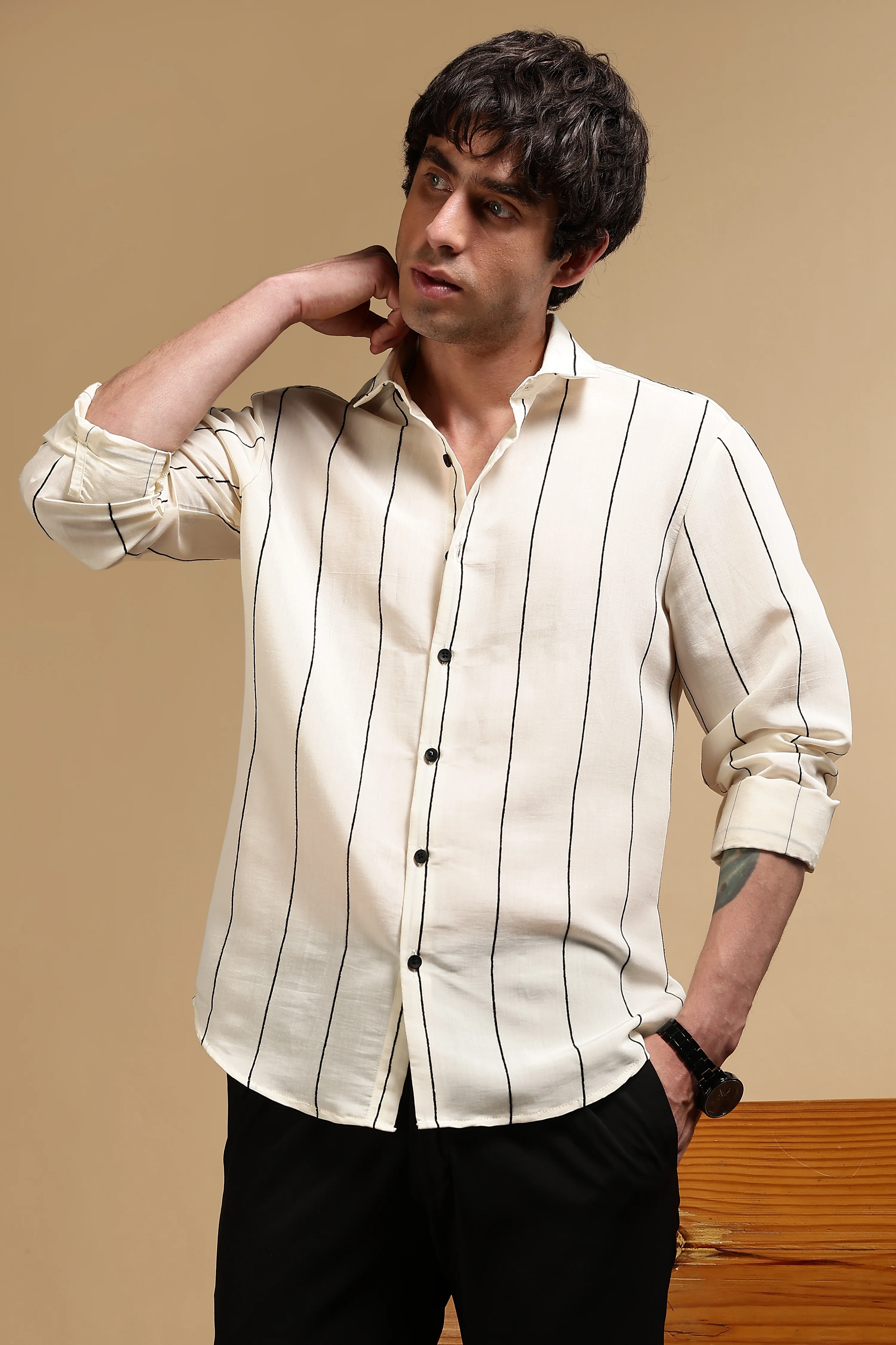 Men Cream Nylon Slim Fit Striped Shirt - Image 10
