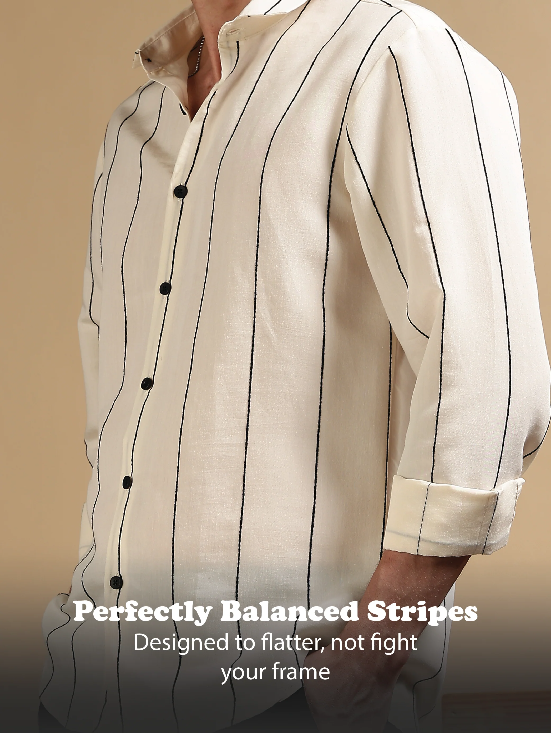 Men Cream Nylon Slim Fit Striped Shirt - Image 11