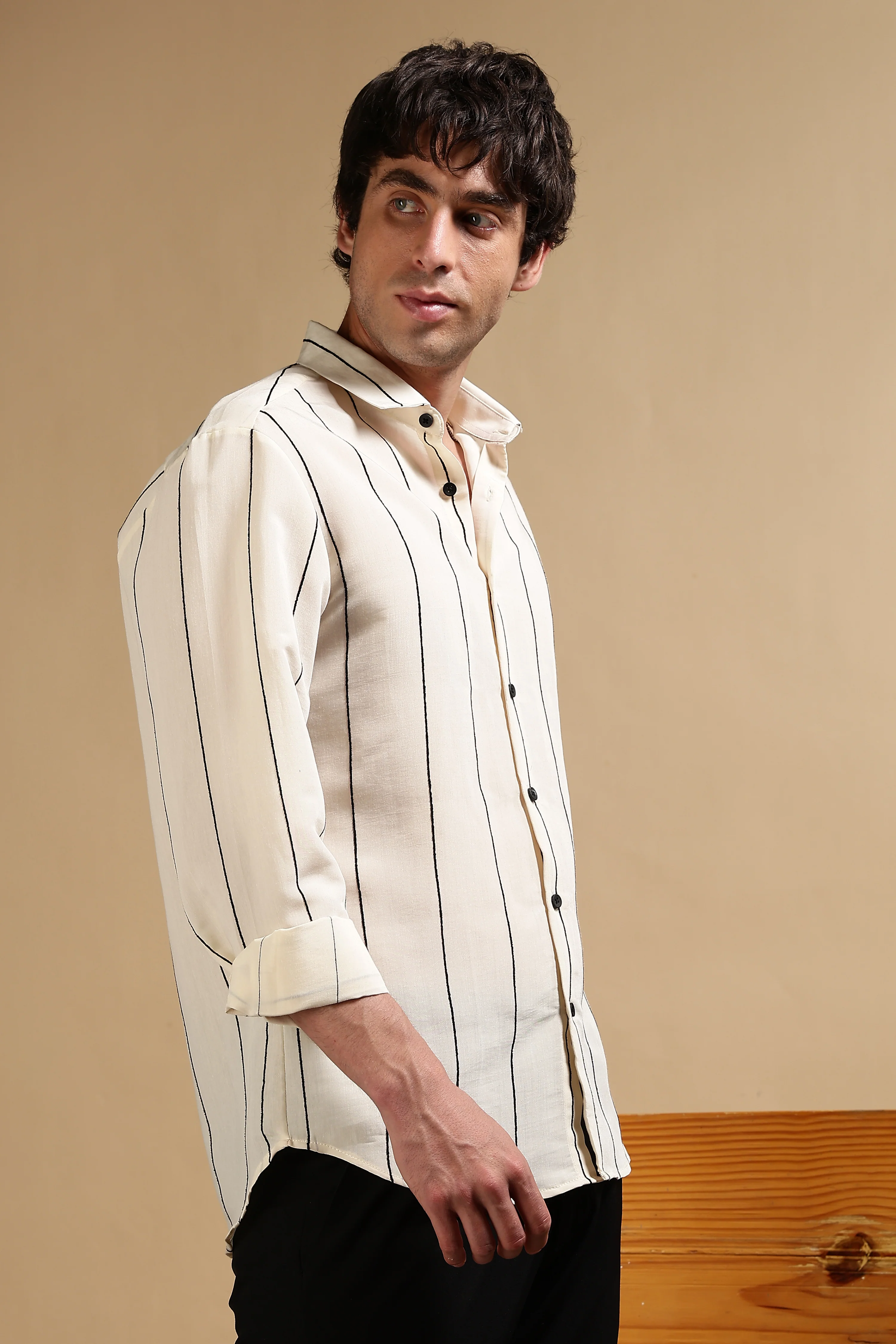 Men Cream Nylon Slim Fit Striped Shirt - Image 3